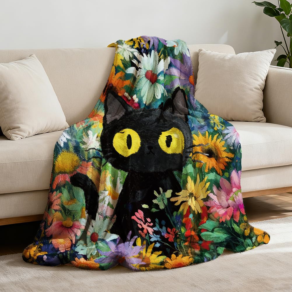 GLOBLELAND Black Cat in Flower Throw Blanket 59 x 51