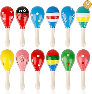 Pack of 12 Wooden Maracas for Children, Wooden Rattle Baby Musical Instrument, Coloured Mini Maraca Shaker Children, Natural Wood Maracas Folding for Easter, Easter, Easter Party