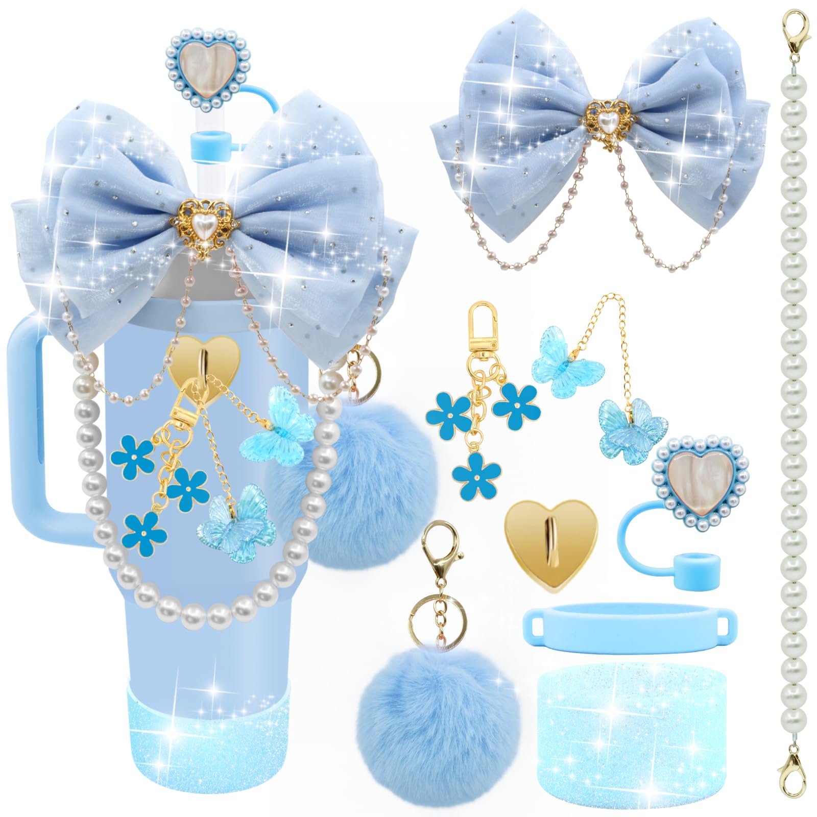 LBU Bling Stanley Cup Accessories for 40/30/20 oz Tumbler with Handle Including Glitter Bow Straw Topper, Heart Straw Cover, Pearl Water Bottle Handle