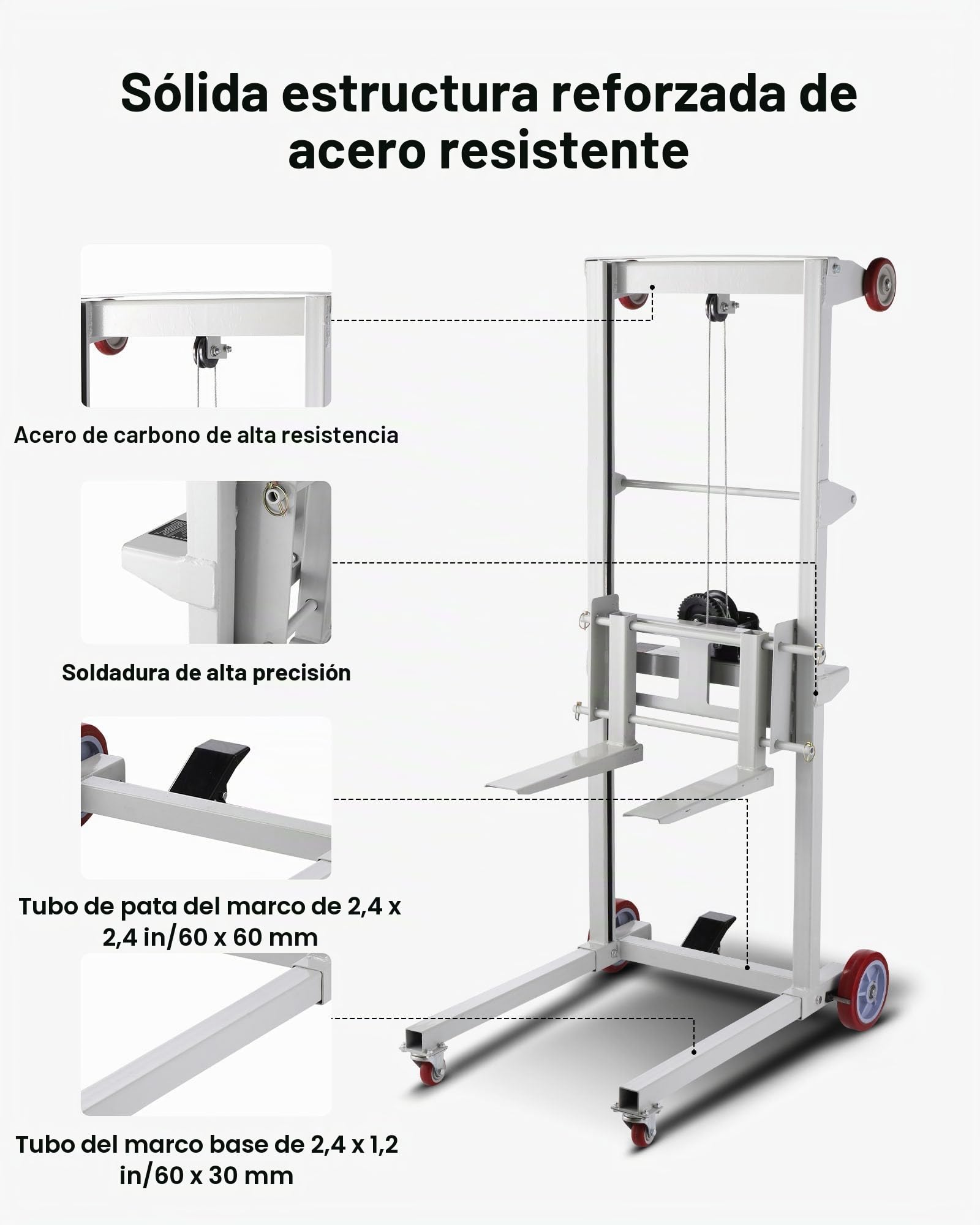 VEVOR Apilador con Cabrestante Manual de Elevación de Materiales con Ruedas Giratorias y Horquilla Ajustable, Plataforma para Transpaletas Capacidad de 249,93 kg, Altura de Elevación Máxima de 1780mm