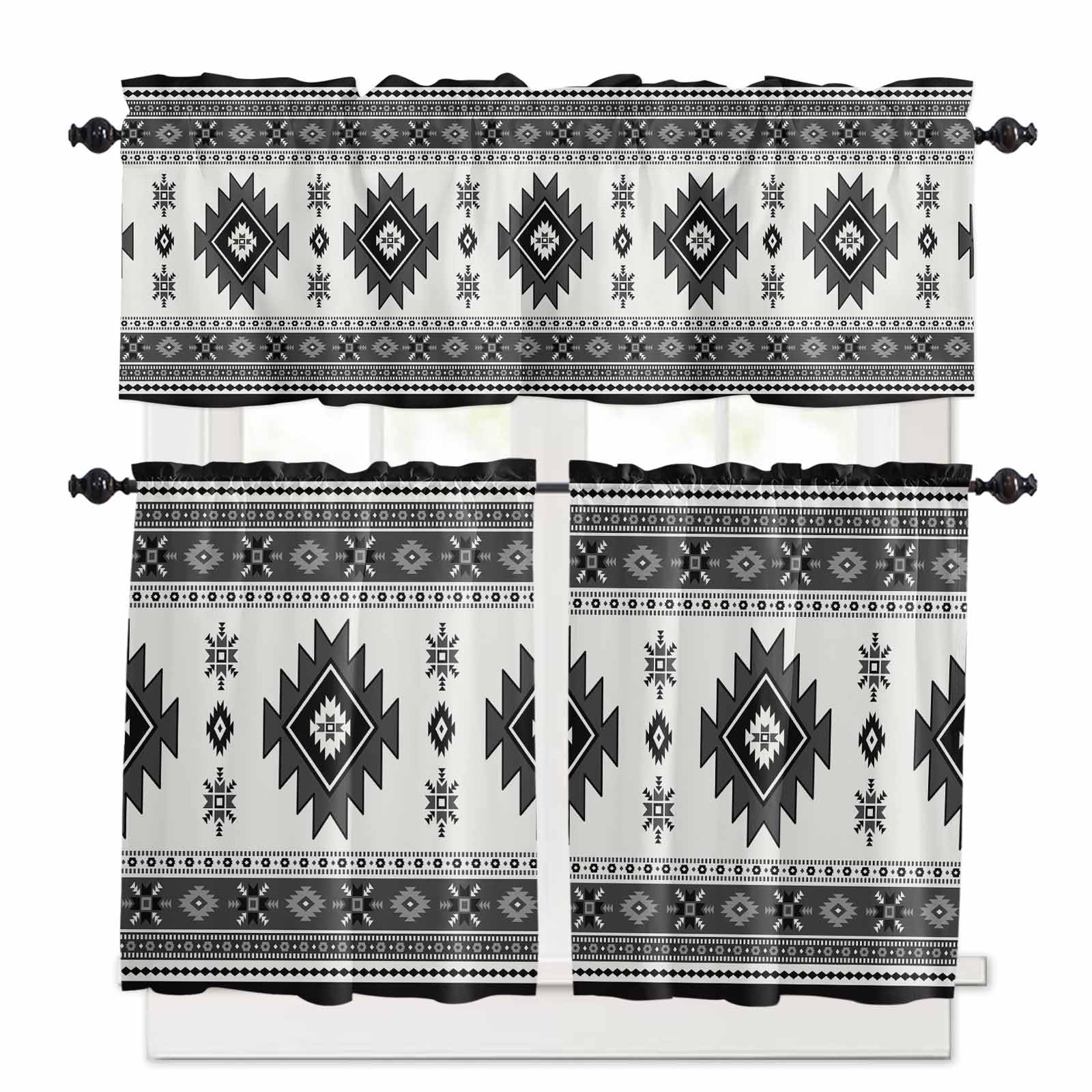Gray Boho Kitchen Curtains 36 Inch Length,3 Piece Rod Pocket Small Half Tiers and Valance Set,Southwest Aztec Country Geometric Aesthetic Small Large Window Treatment Decor for Bedroom/Bathroom Sink