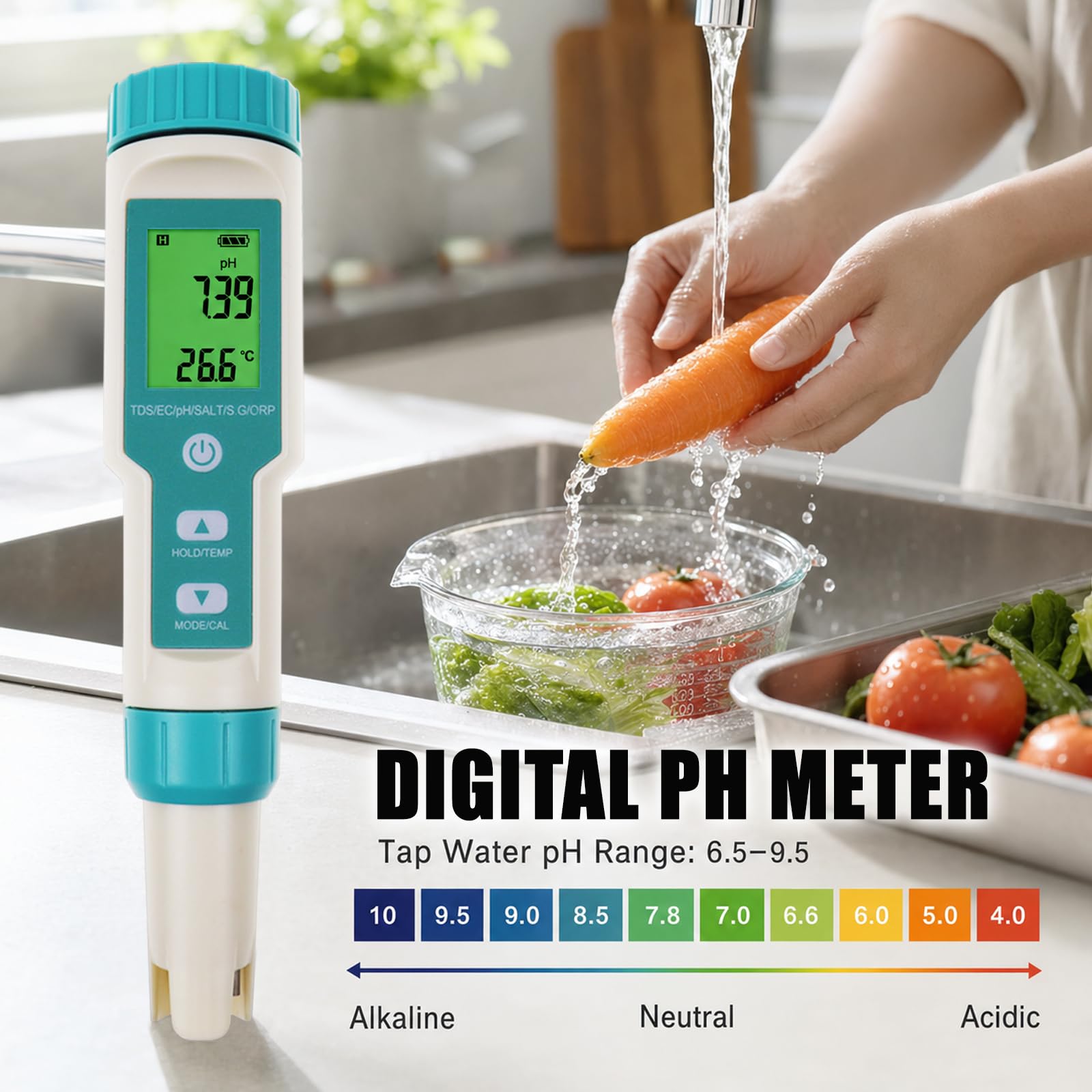 Testeur Eau 7-en-1 pH TDS EC ORP Salinité SG Temp | Étanche IP67, Calibrage Auto, Écran Rétroéclairé, Sonde Remplaçable, ATC, Poudres Calibrage pH Incluses.