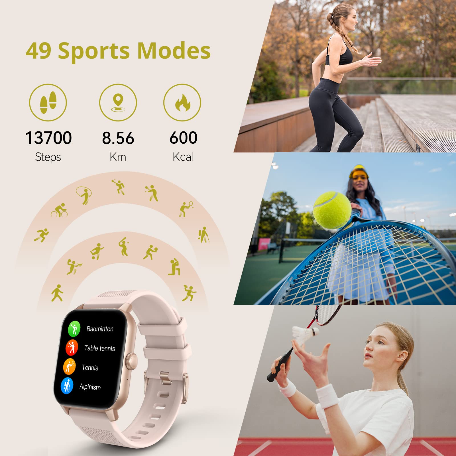 RIVERSONG Montre Connectée Femme avec Appel Bluetooth, 1,69" Montre de Sport avec Fréquence Cardiaque,SpO2, Podomètre, Moniteur de Sommeil, 49 Modes Sportifs, pour Android/iOS, Rose