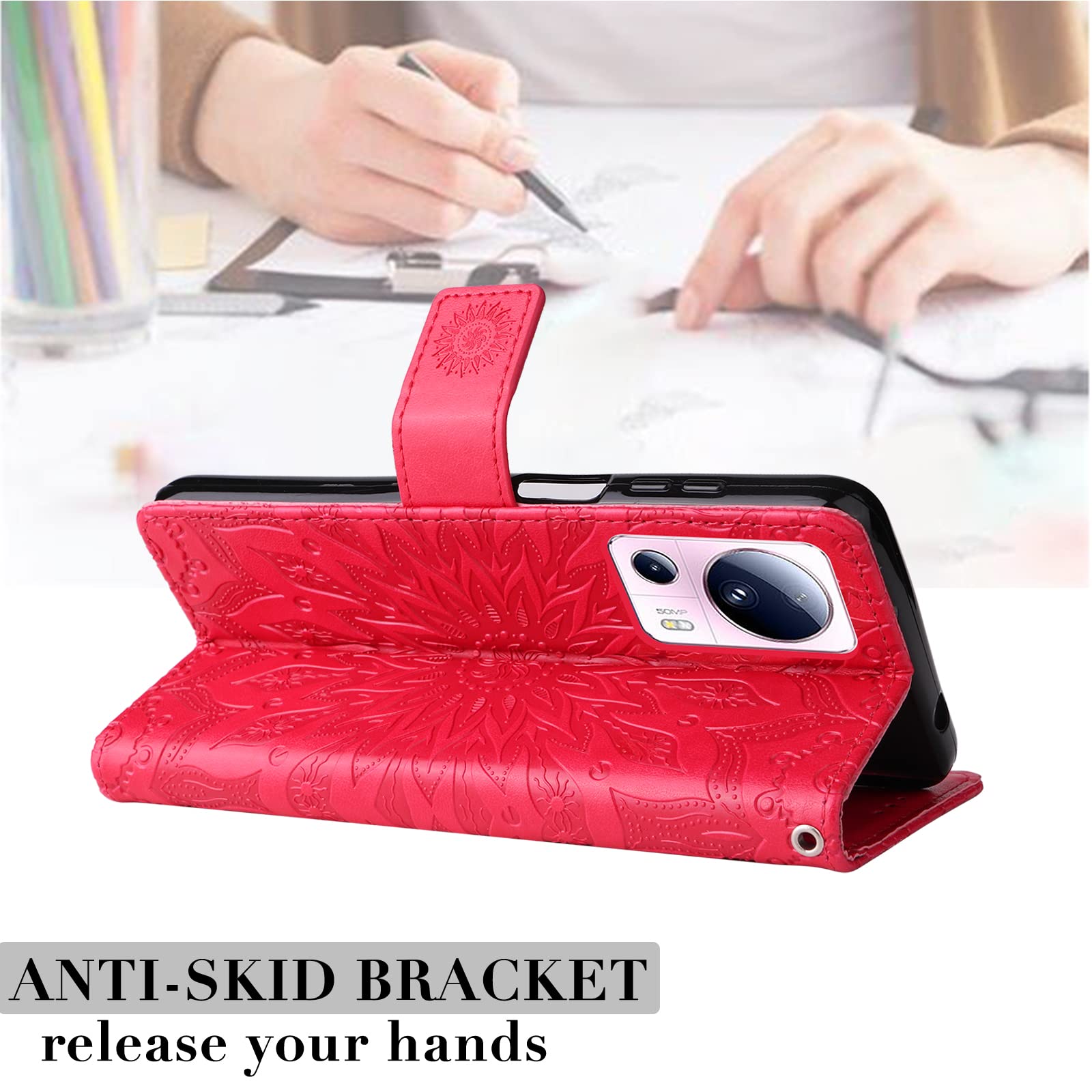 RankOne Custodia in Pelle per Xiaomi MI 13 Lite (6.55 Inches), Cover a Portafoglio con 3 Fessure per Carte 1 Tasca Portamonete Motivo Quadrifoglio - Oro rosa