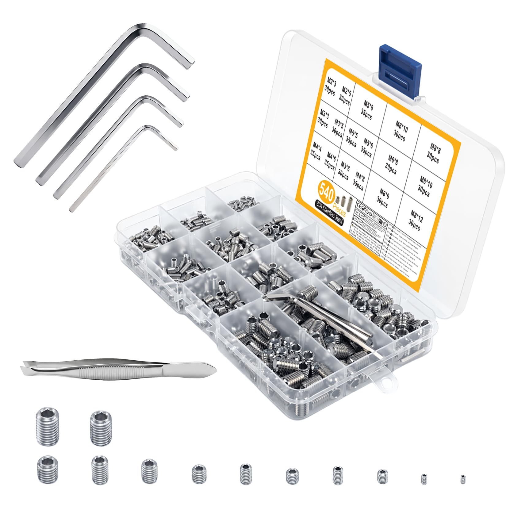 540 Pcs Grub Screws Assorted, Hex Head Grub Screws for Door Handles, Stainless Steel Set Screw for Taps, Allen Key Screwss for Bathroom Fixtures, Home Repairs (M2 M3 M4 M5 M6 M8, Silver)