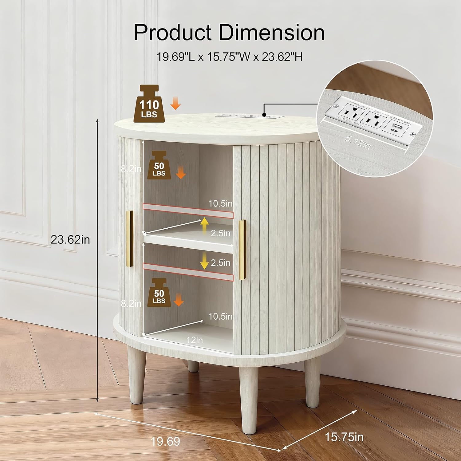 DHH Mid Century Modern Nightstand Set of 2 with Charging Station, Fluted Accent Side Table with Sliding Door & Adjustable Shelf, End Table for Small Space, Living Room, Bedroom,Sofa Couch, White