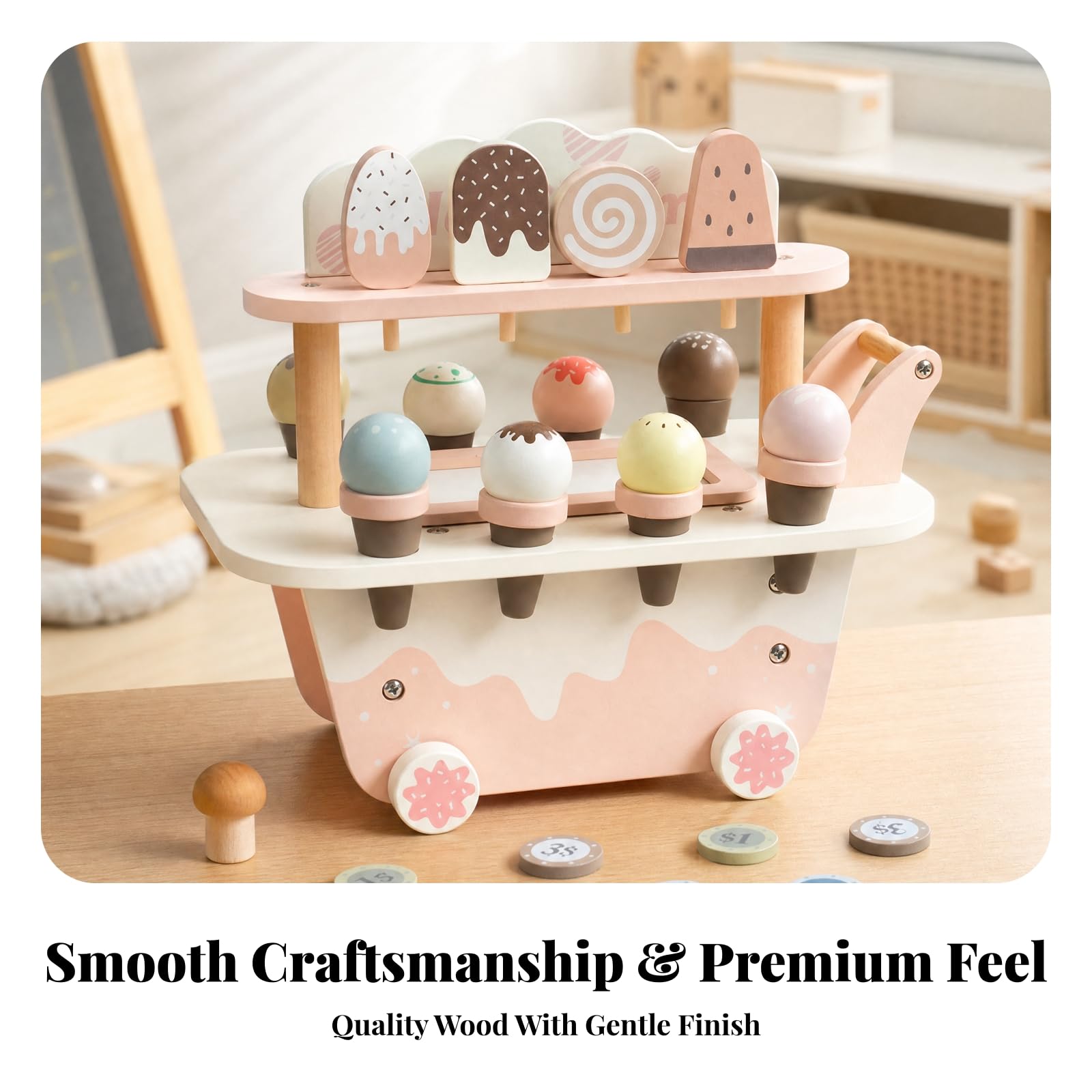 Carretto dei Dessert Giocattolo | Decorativo, Banco Gelati Finto, Interattivo, Carrello con Ruote, per Asilo, Bambini