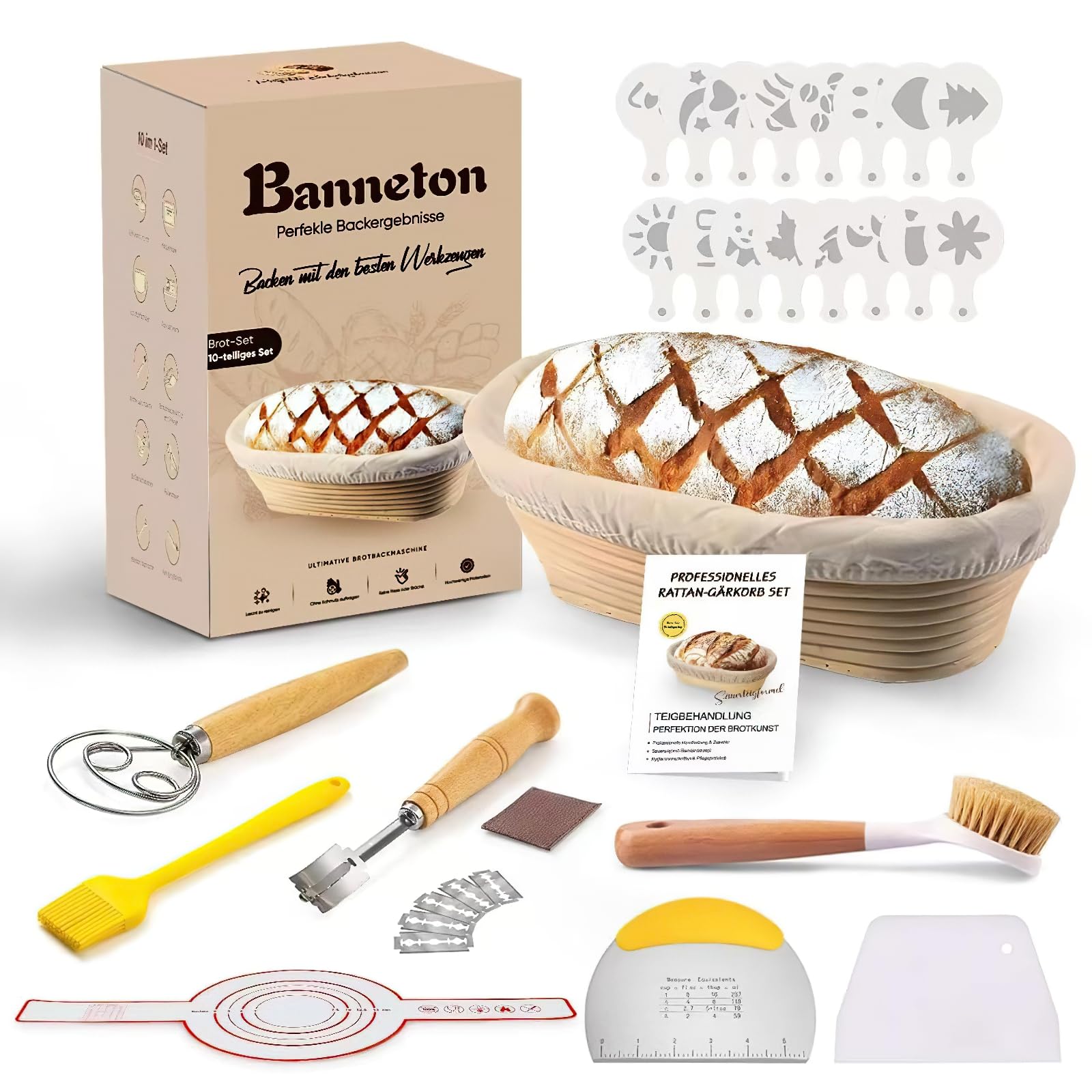 Kixiyou 10-teiliges gärkörbchen Brot Set, 25 cm gärkörbchen oval aus natürlichem Rattanund und brot backen zubehör,Ideal für Bäcker zu Hause & Profis brotback set