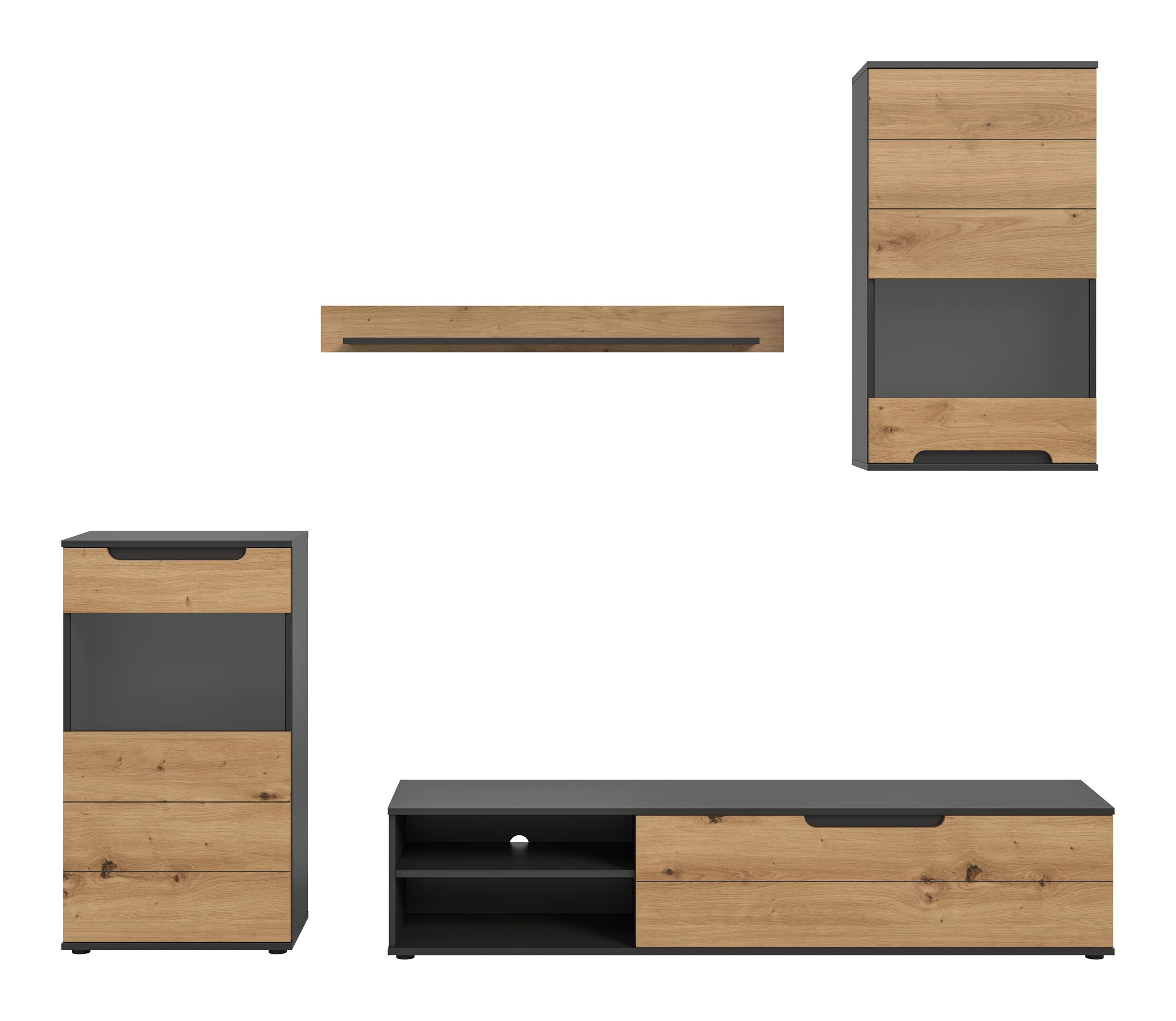 xonox.home - Wohnwand Cajak 4-TLG. Set 246x182x37 cm in Basalt grau und Artisan - Wohnidee Möbelstück Einrichtung Designermöbel - nordisches Design hochwertig verarbeitet schöner Blickfang