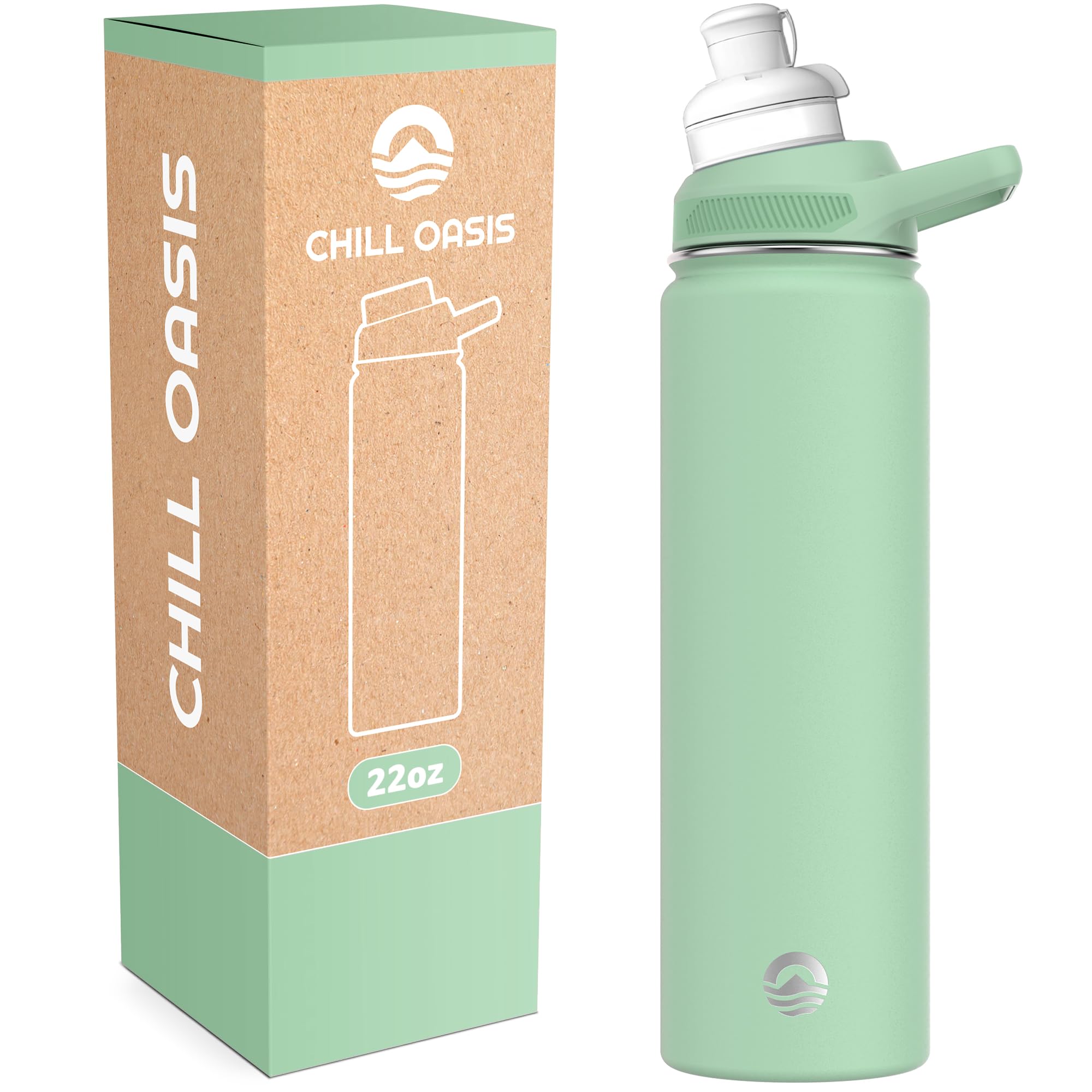 Chill OasisWater Bottle | Compatible With Popular Flavor Cartridges | BPA Free, Leak Proof, Double-Walled Vacuum Insulated Stainless Steel, and Dishwasher Safe | Cold for 24 Hours (Sage, 22oz)