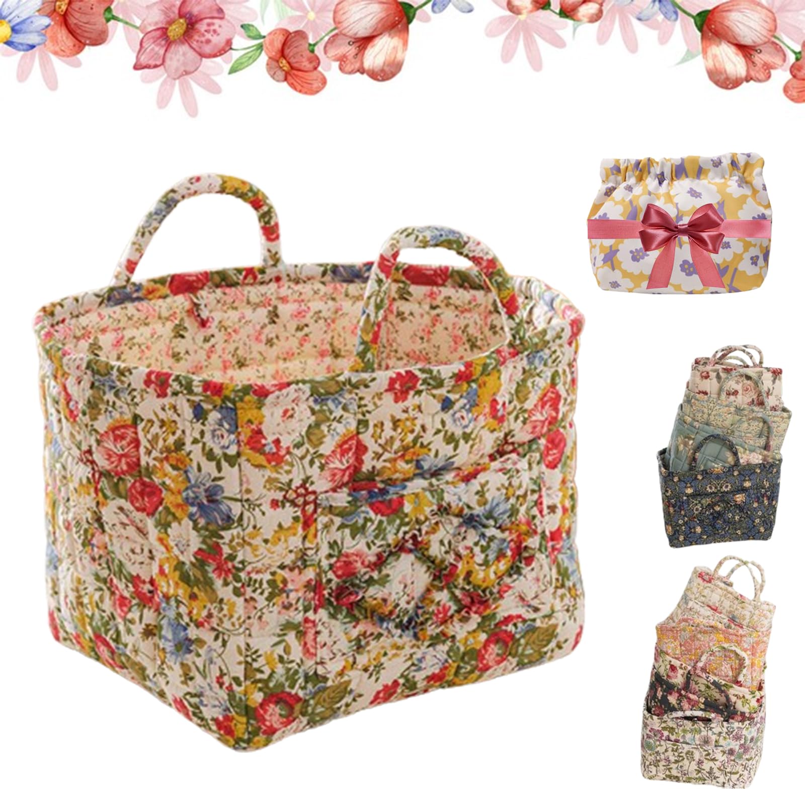 Boho Fabric Storage Basket, Large Capacity Tote Bag with Front Pocket, Boho Floral Laundry Baskets, Foldable Square-Shaped Decorative Quilted Storage