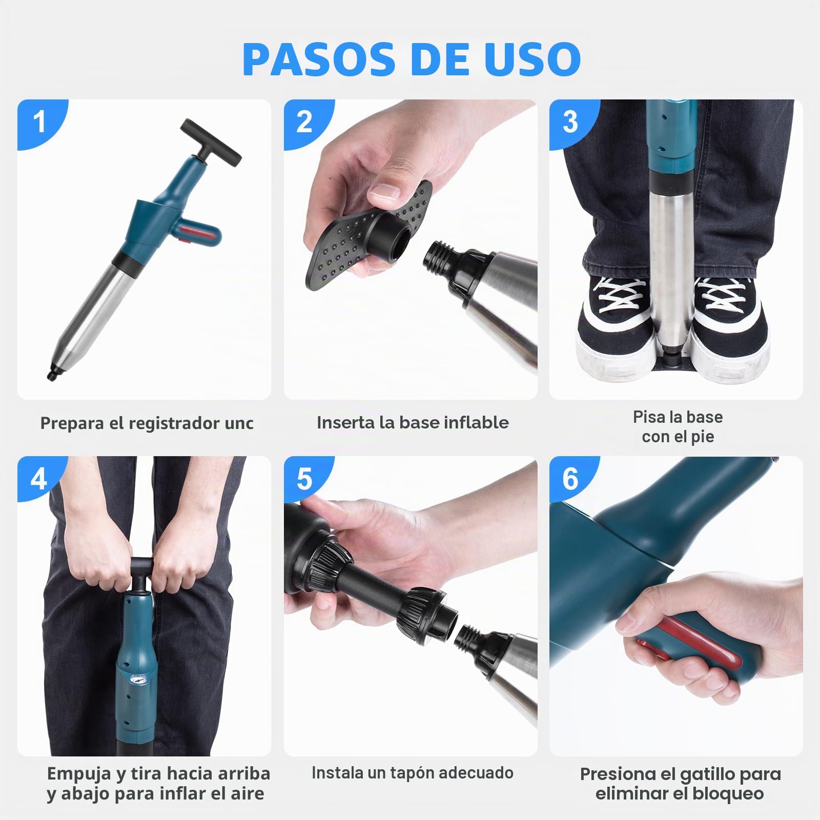 Desatascador tuberías profesional, destapador de cañerías con manómetro visible Bomba de Aire Comprimido,4 boquillas de caucho y alambre para tuberías, apto para WC, lavabos y fontanería del hogar