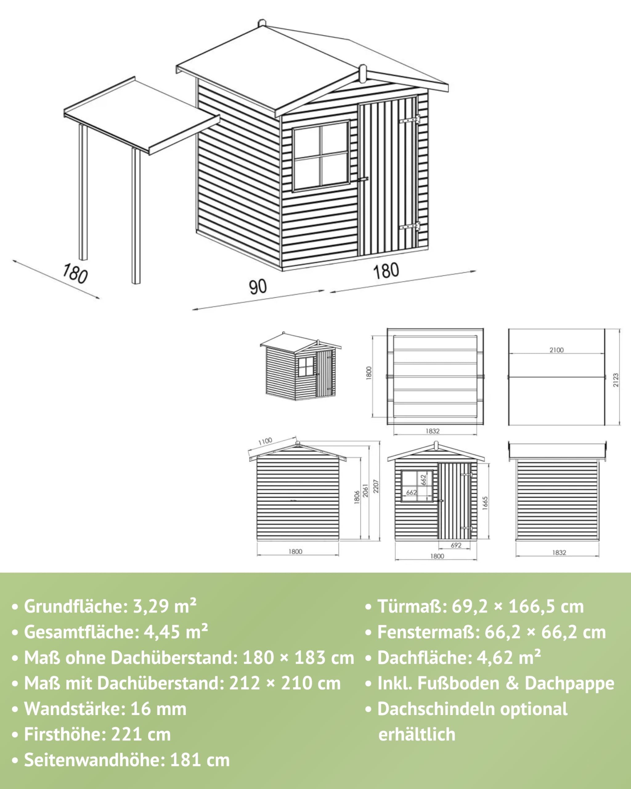 Steiner Shopping Gerätehaus Aucuba 01 | 16 mm Elementgartenhaus aus kesseldruckimprägnierter Kiefer I Außenmaß 212 x 210 cm I Inkl. Fußboden & Dachpappe
