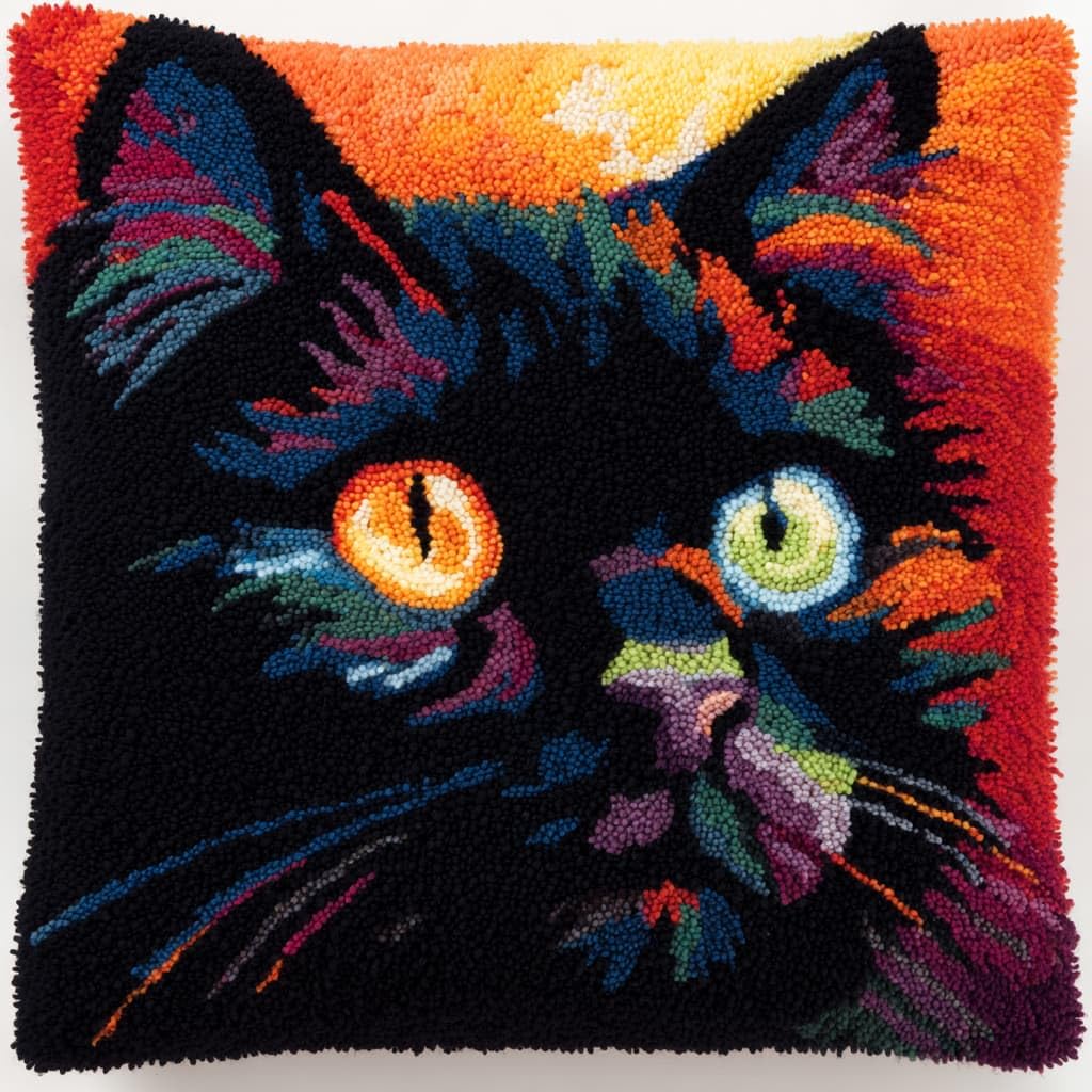 Taxpy Latch Hook Kits, Black cat Pillow DIY Rug Crochet Hook Cushion Making Kits Preprinted Pattern Canvas Handmade Rug Pillow Hooking Kit 43x43cm