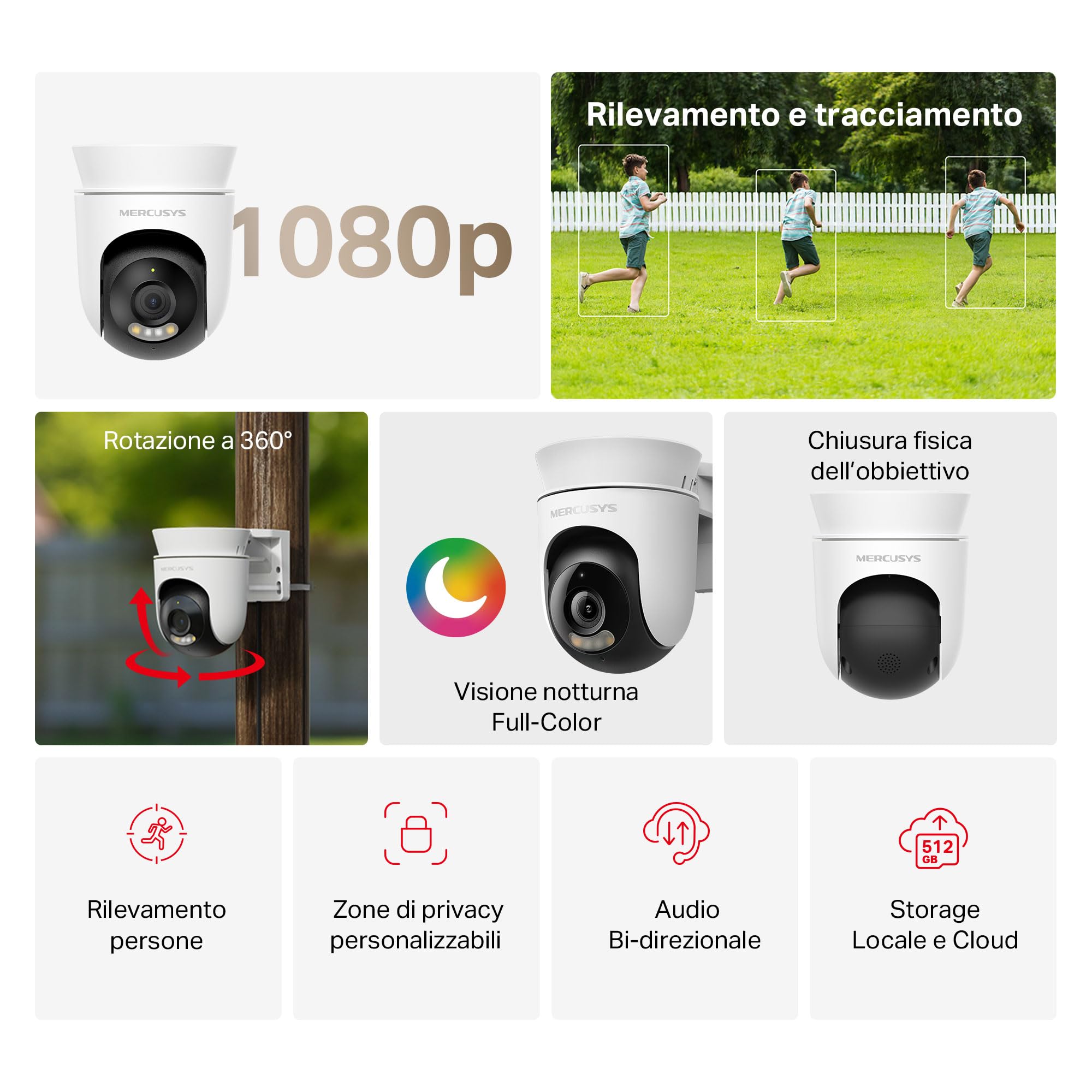 MERCUSYS MC500 Telecamera WiFi Esterno FHD, Videocamera Sorveglianza 360°, Visione Notturna a Colori, Audio a 2 Vie, Rilevamento/Tracciamento del Movimento delle Persone, Zona privata, microSD 512GB