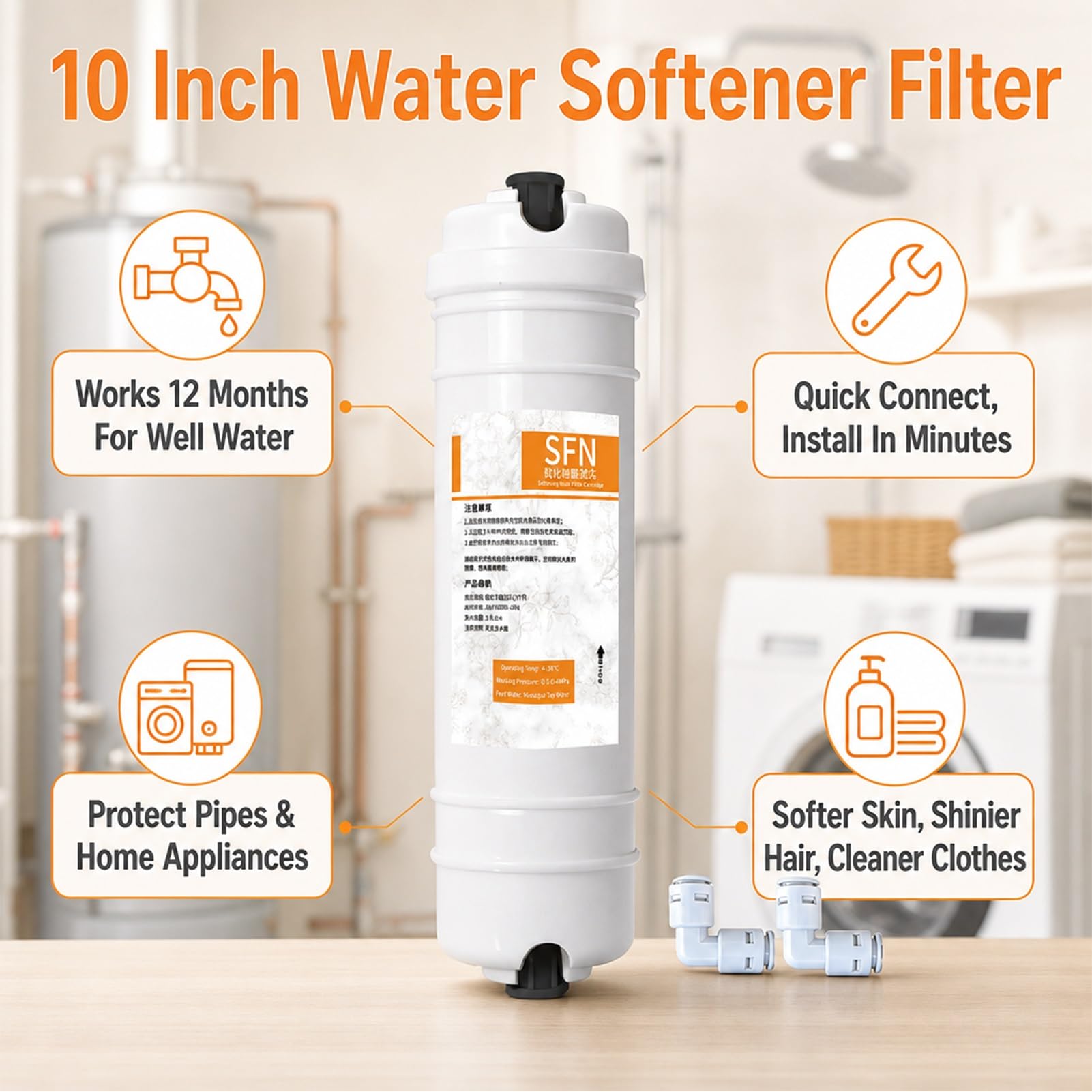 Paquete De 4 Cartuchos Ablandadores Agua Resina 10" Con Kit De Conexión Rápida De 1/4" Y Adaptador, Que Evitan La Acumulación Partículas En Tuberías Y Electrodomésticos