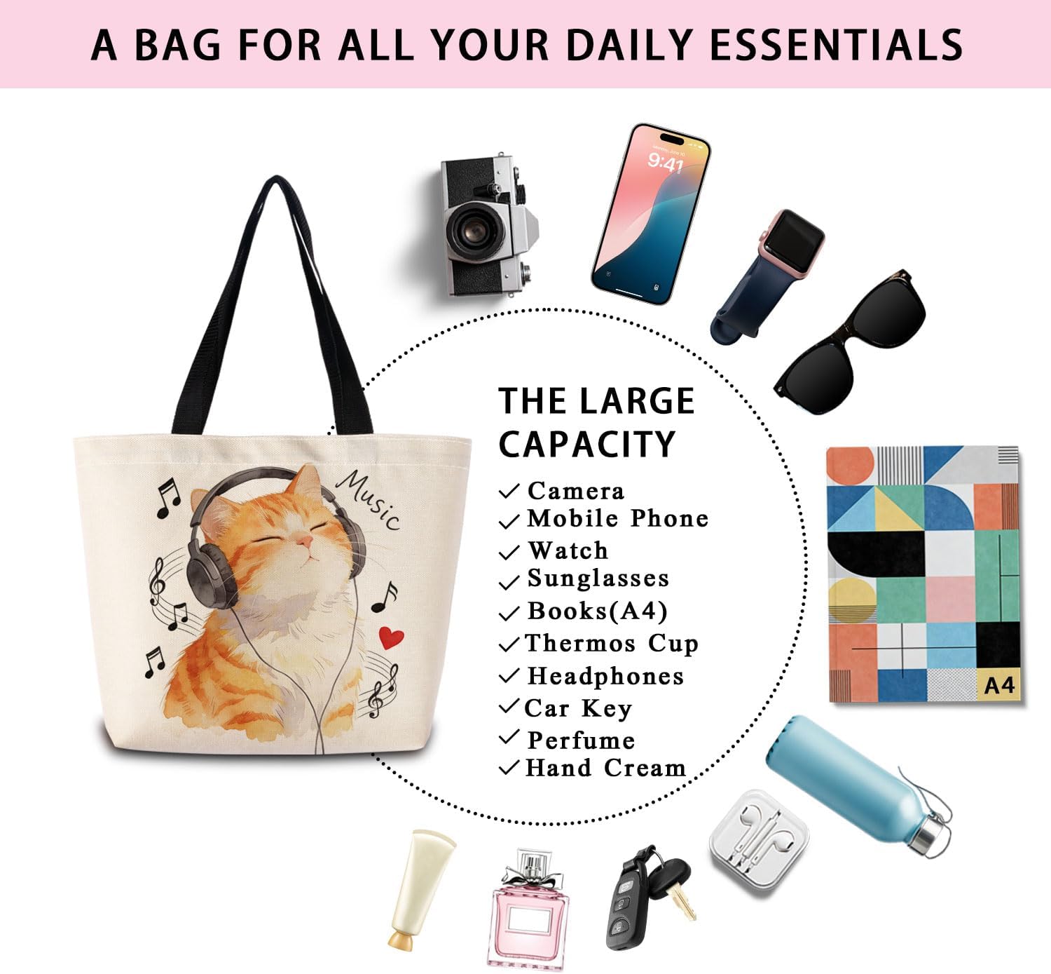 Headphones Music Cat Reusable Grocery Tote Bag
