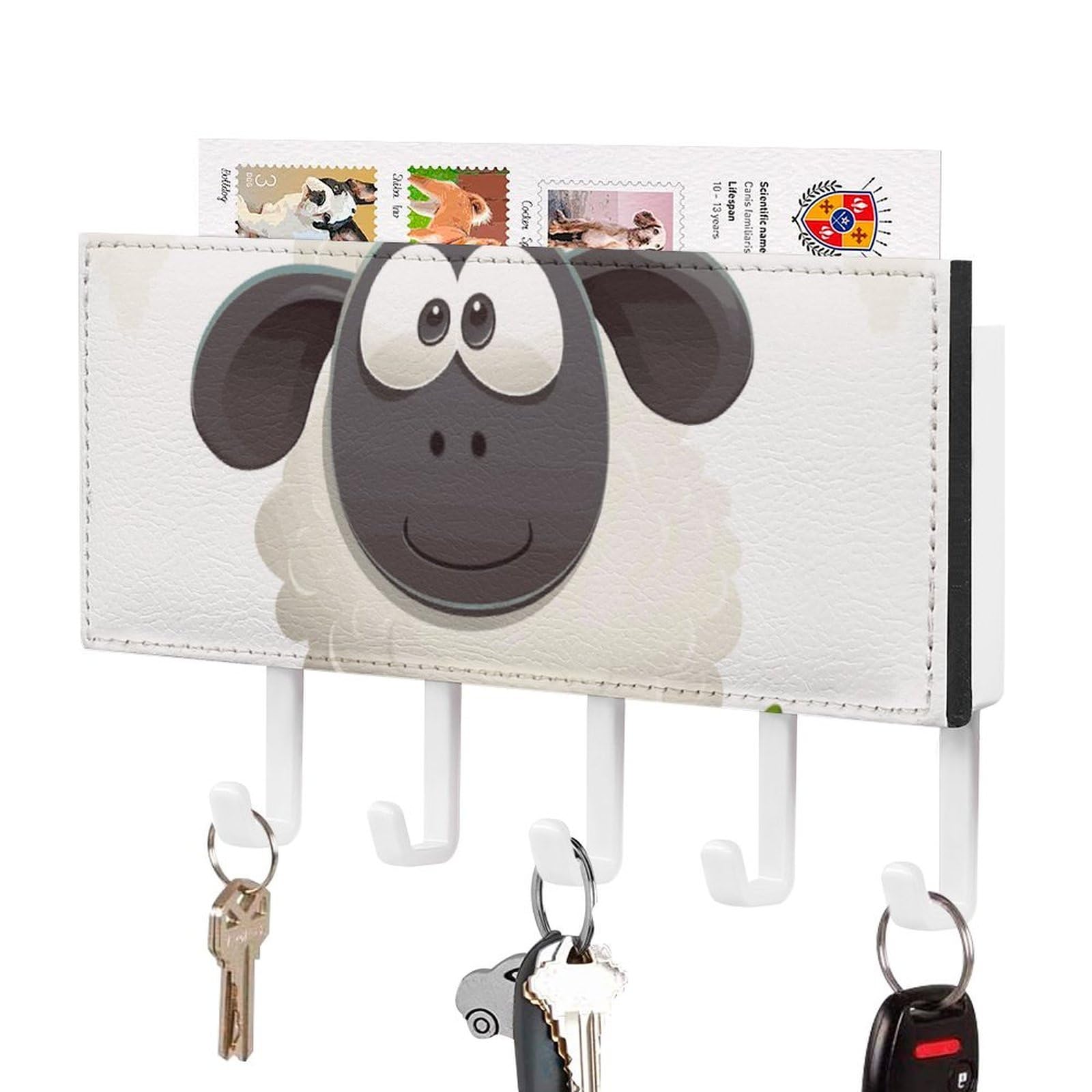 DWVTSLH Sheep Key Holder for Wall, Decorative Key Hooks with Mail Organizer & 5 Hooks, Self Adhesive Leather Key Hanger for Entryway, Wall Mounted Key Rack (7.1” X 4.3” X 0.9”)
