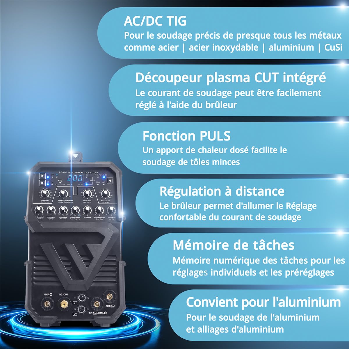 STAHLWERK Poste à souder combiné 3-en-1 AC/DC TIG 200 Puls CUT ST – TIG & MMA (ARC) jusqu'à 200 A, Découpe plasma jusqu’à 45 A et épaisseur de coupe jusqu’à 12 mm, acier inoxydable, cuivre, alu titane