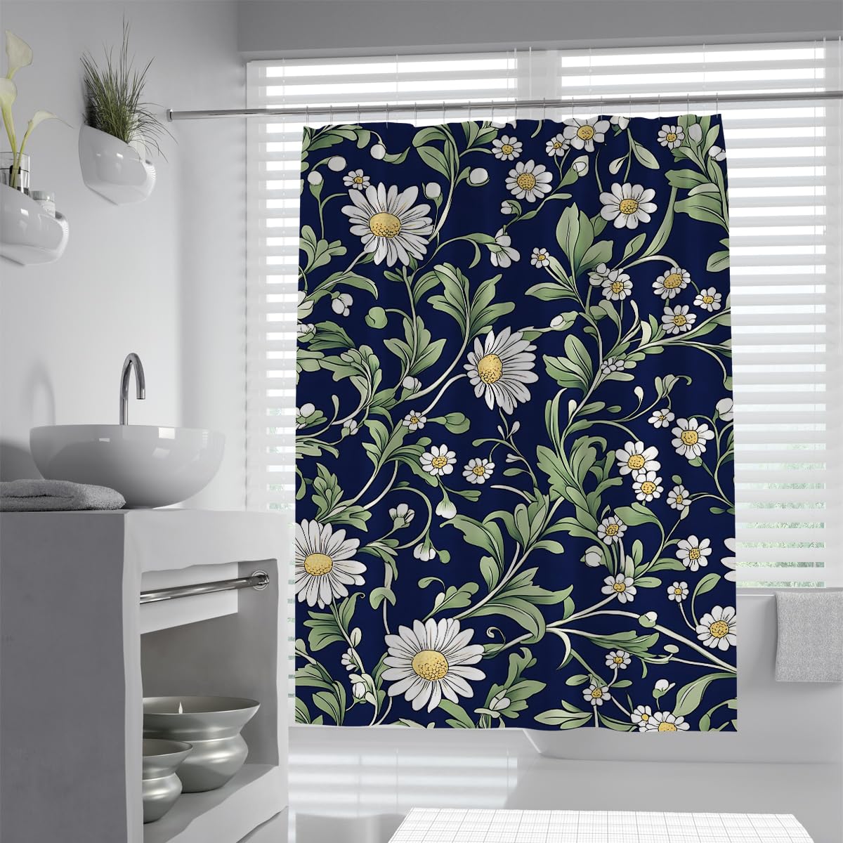 OLLIAR Home White Floral Shower Curtain 150x180 Boho Blooming Daisy Botanical Shower Curtains for Bathroom Natural Green Wildflower Decorative Bath Curtain