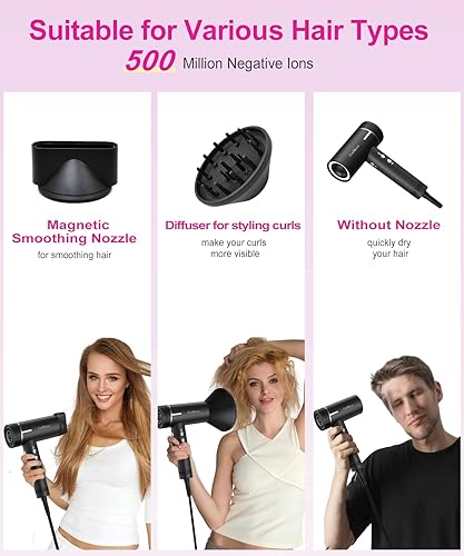 Miniatura 8 de Secador de pelo iónico de alta velocidad motor sin escobillas de 160000 rpm, secado rápido, bajo ruido, termo-control, 500 millones de cuidado