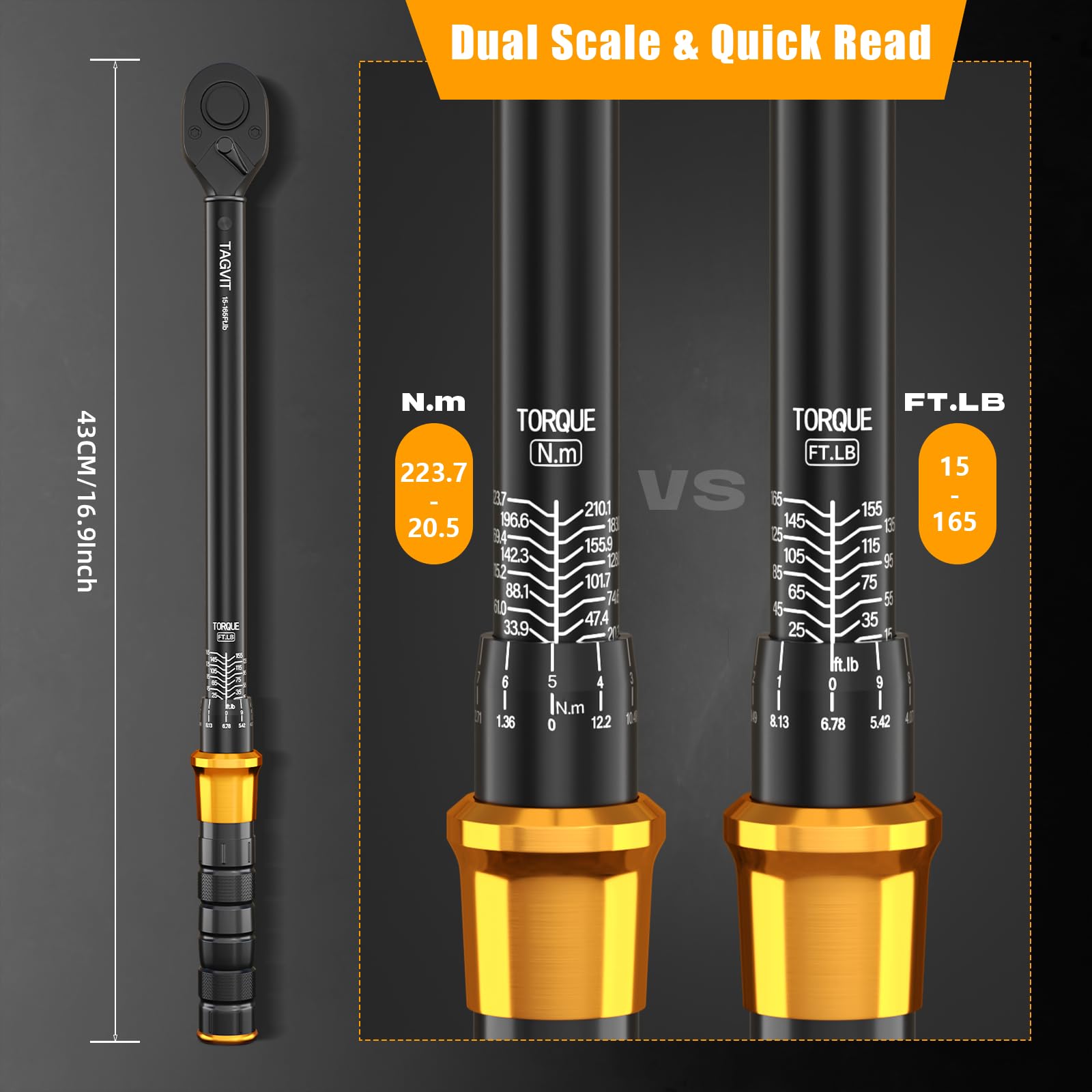 Set di 21 chiavi dinamometriche a scatto da 1/2", 20-220 Nm, precisione ±3%, doppia scala, testa reversibile per auto, pneumatici e moto