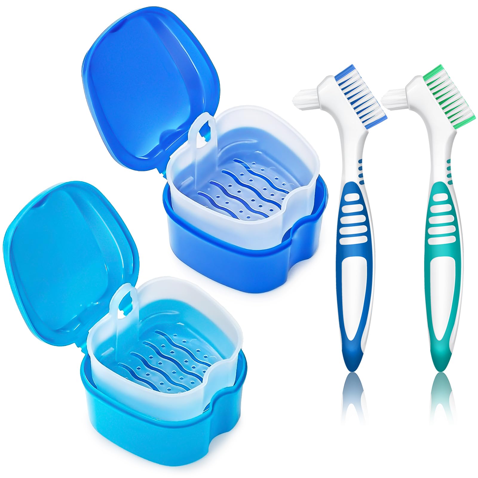 EZEELAI Denture Cups for Soaking Dentures, Partial Denture Holder Case Retainer Mouthguard Cleaning Box Case with 2 Small Brushes - Blue and Dark Blue