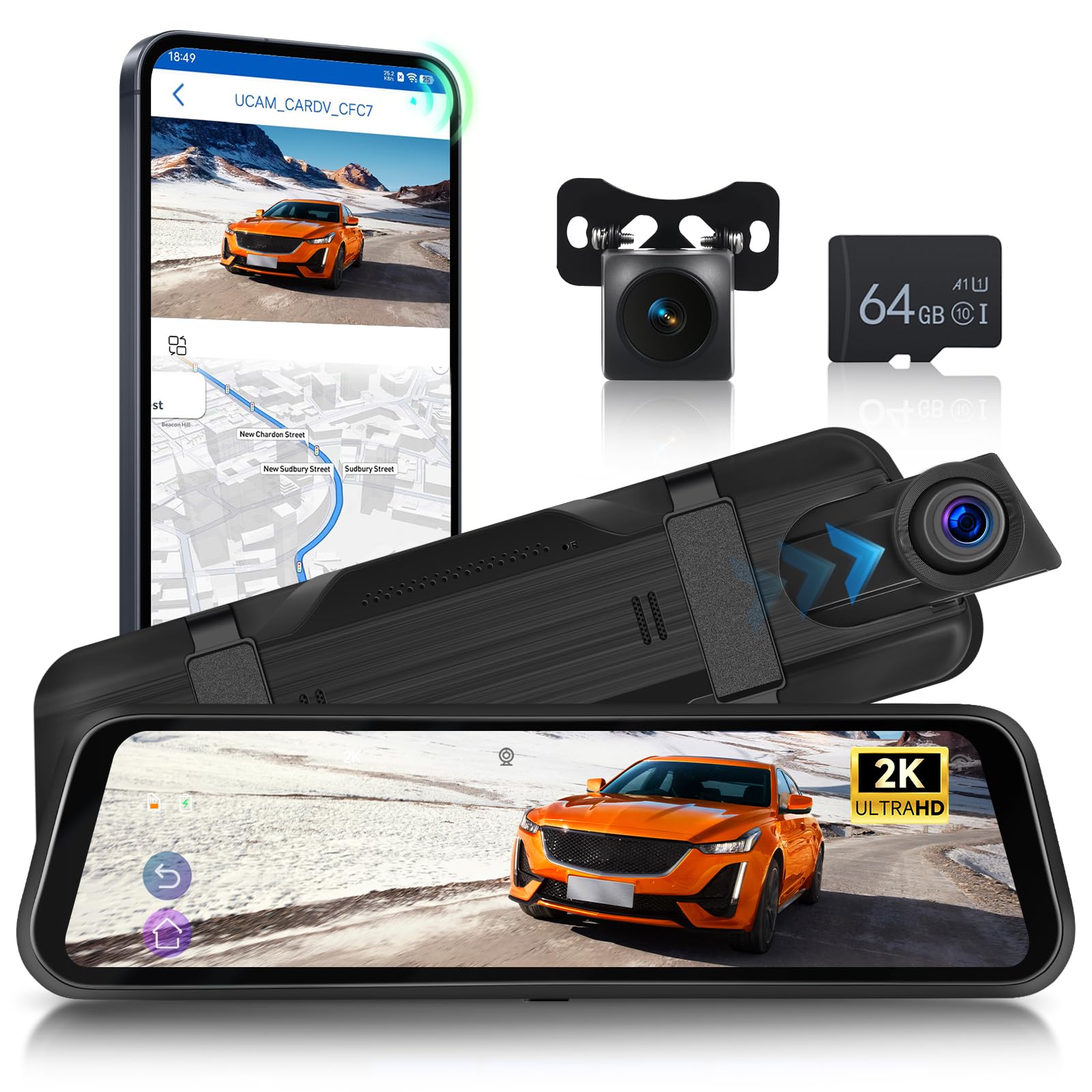 Hodozzy 2K WiFi Rearview Mirror Camera, 9.66 Inch Touch Screen IPS Rearview Mirror with Color Night Vision, Loop Recording, G-Sensor, App, BSD LCA, Mirror Dash Cam with TF Card 64G