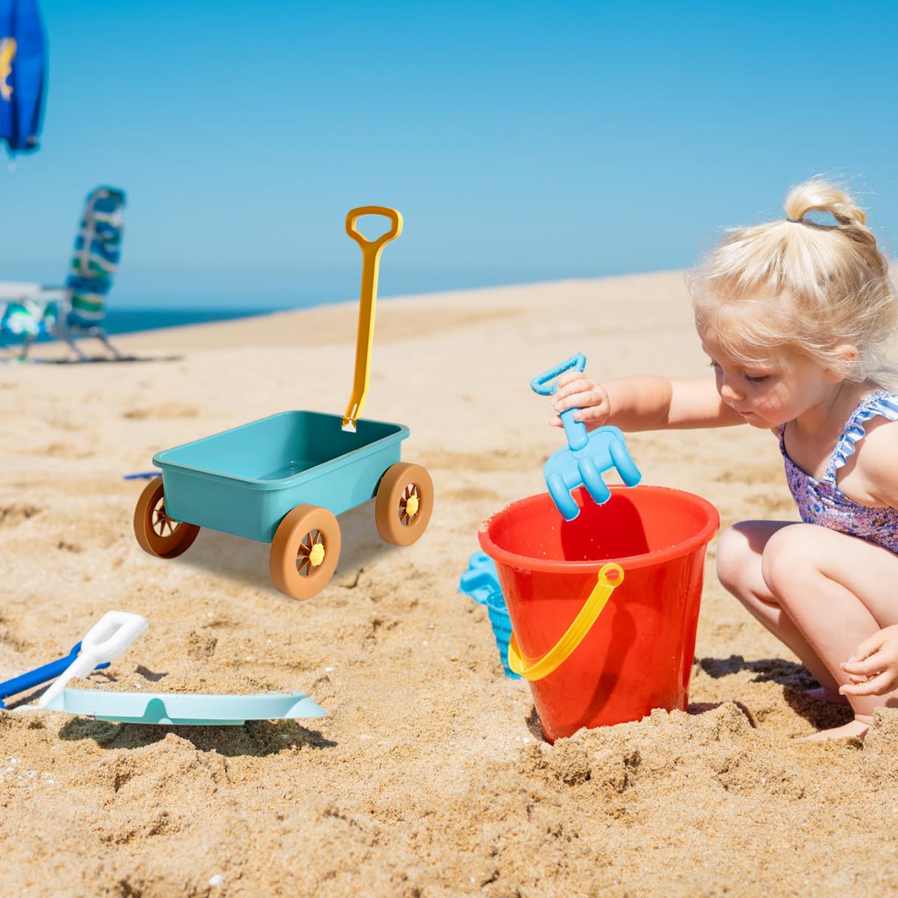 Carro Giocattolo, Carro Giocattolo in plastica per Bambini, 15x11x7, 1 Giocattoli da Spiaggia per Bambini per Giocare con Acqua/Sabbia, Giocattoli Verdi riutilizzabili per L'Estate, Blu, Piscina