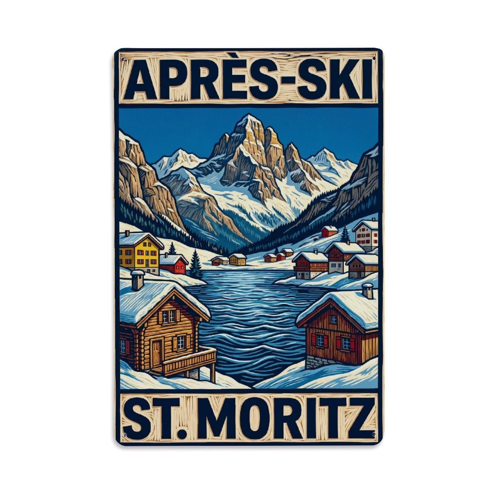 Olhnbad Style Alpine Switzerland Woodcut Mountain Travel Metal Tin Sign