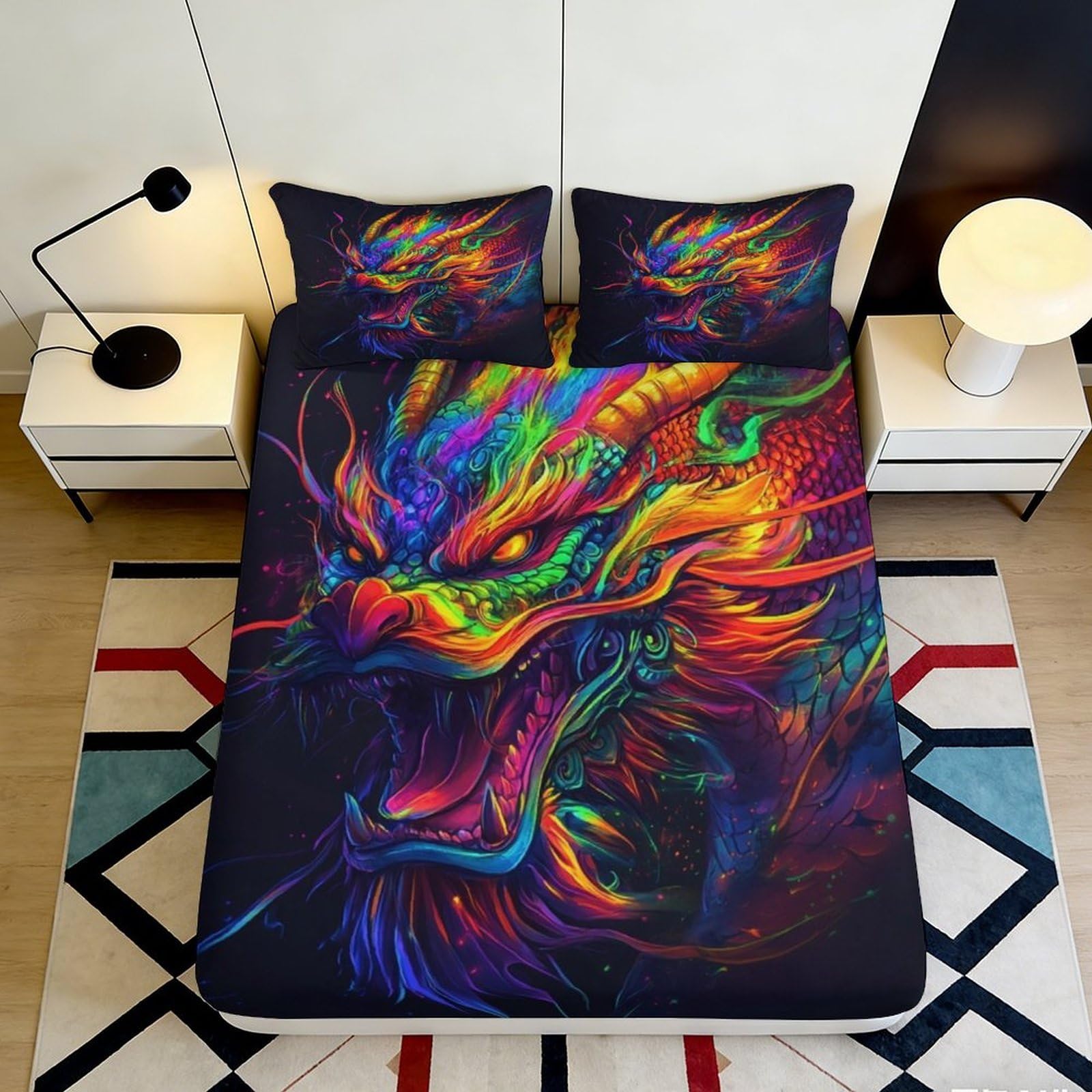 3D Printed Colorful Dragon Fitted Sheet Microfiber Non Slip Mattress Cover Vibrant Fire Dragon Bed Decor for Bedroom Guest Room 120x200x25cm