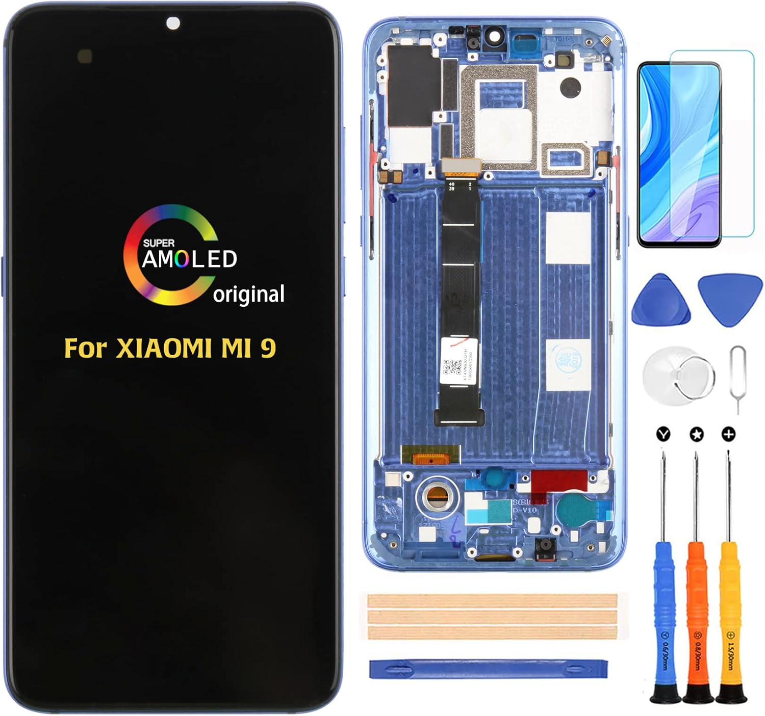 Replacement for Xiaomi Mi9 M1902F1G 6.39 inch LCD Display Touch Screen Glass Digitizer (AMOLED with Frame) Assembly with Repair Tool Kits + Screen Protector (Blue)