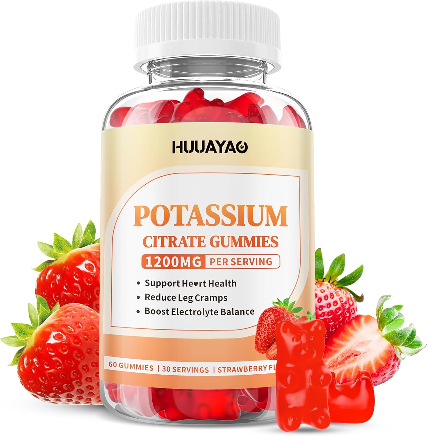Potassium Citrate Gummies 1200mg for Adults Women & Men, Chewable Potassium Supplement for Reduce Leg Cramps & Muscle Health, Sugar Free, Strawberry Flavor, 60 Count