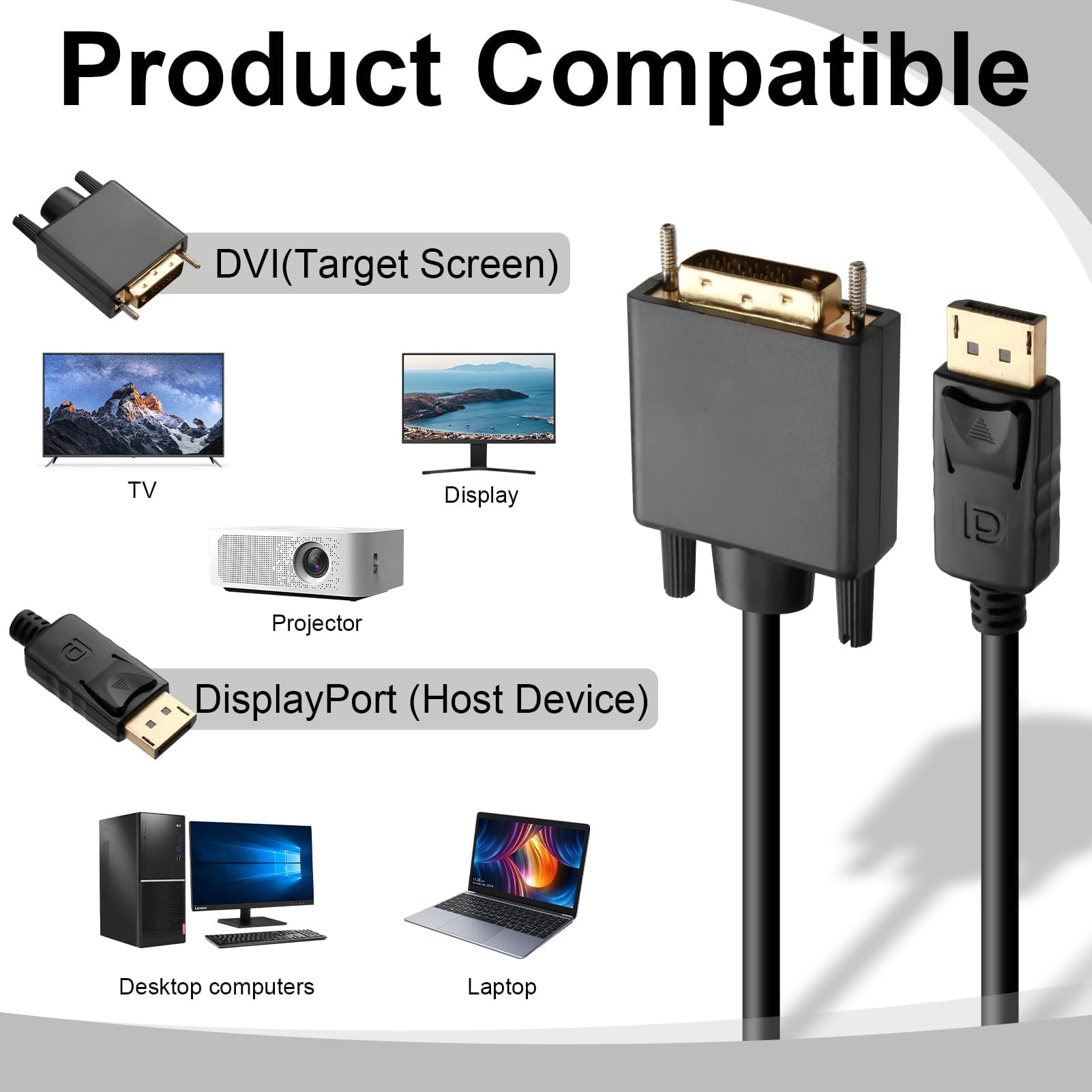 Cable DisplayPort a DVI-D de 1.8 m 1080p Resolución Full HD Conector Displayport a DVI Cables 24K Chapado-oro Compatible con PC Portátil Monitor Proyector Tarjeta Gráfica–Unidireccional