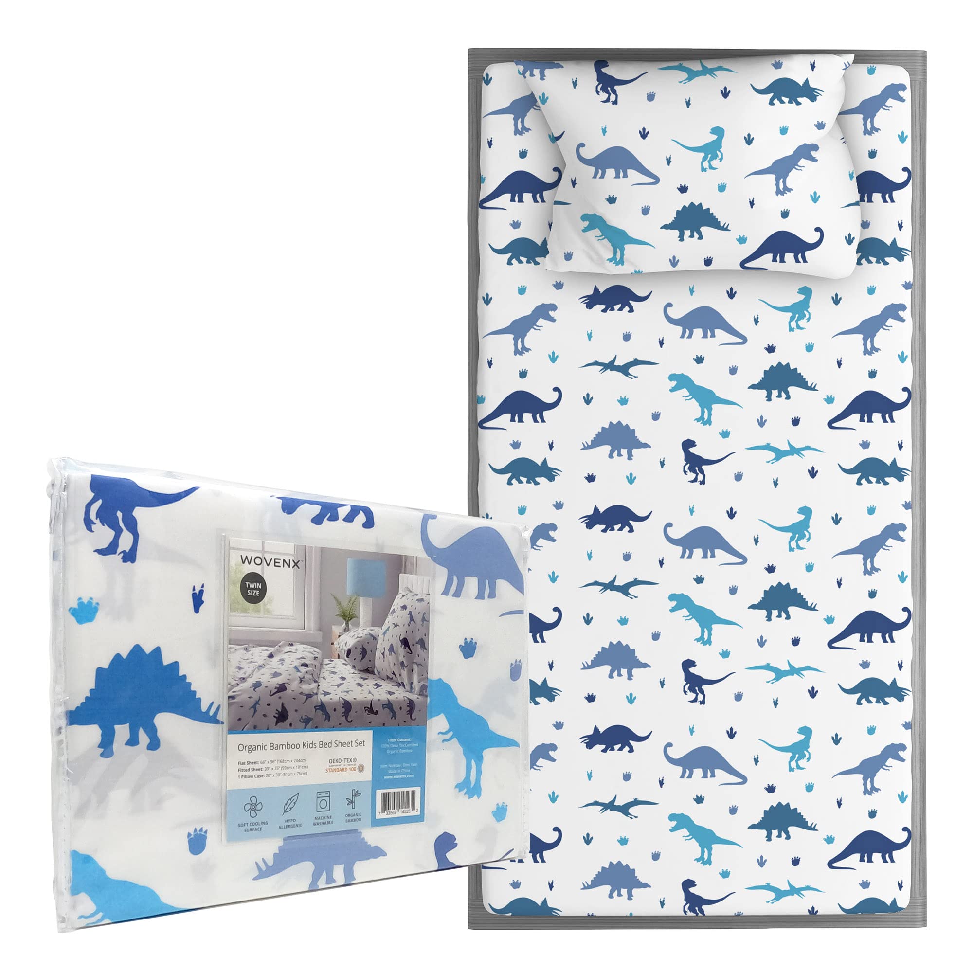 Juego de sábanas de bambú orgánico para niños con certificación Oeko-Tex, individual, matrimonial, para niños, sábana de bambú refrescante, unicornio, dinosaurio (individual, Dino)