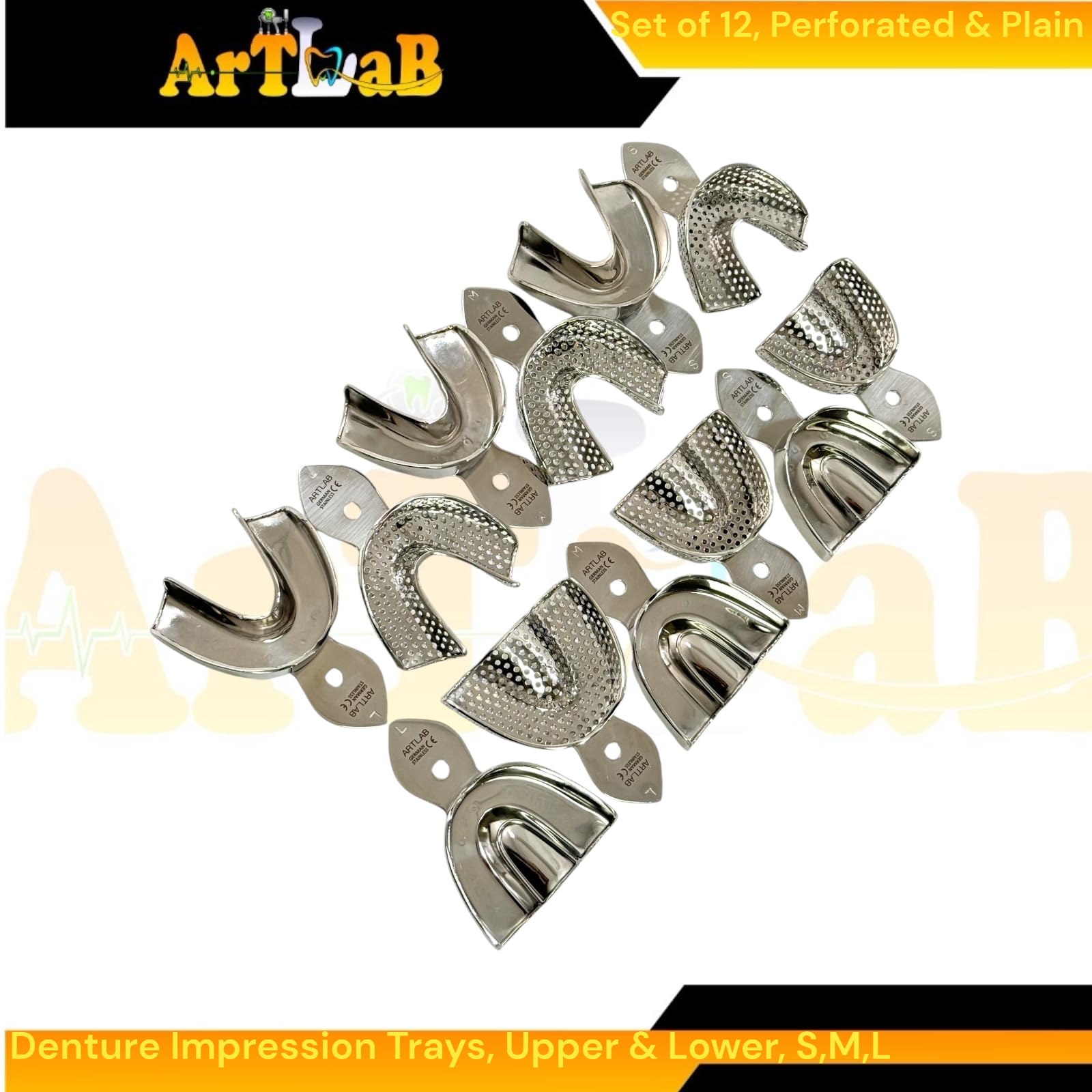 Upper & Lower Impression Trays - Perforated & Non-Perforated, Small, Medium, Large - Denture Impression Tools - Autoclave Safe German Stainless Steel