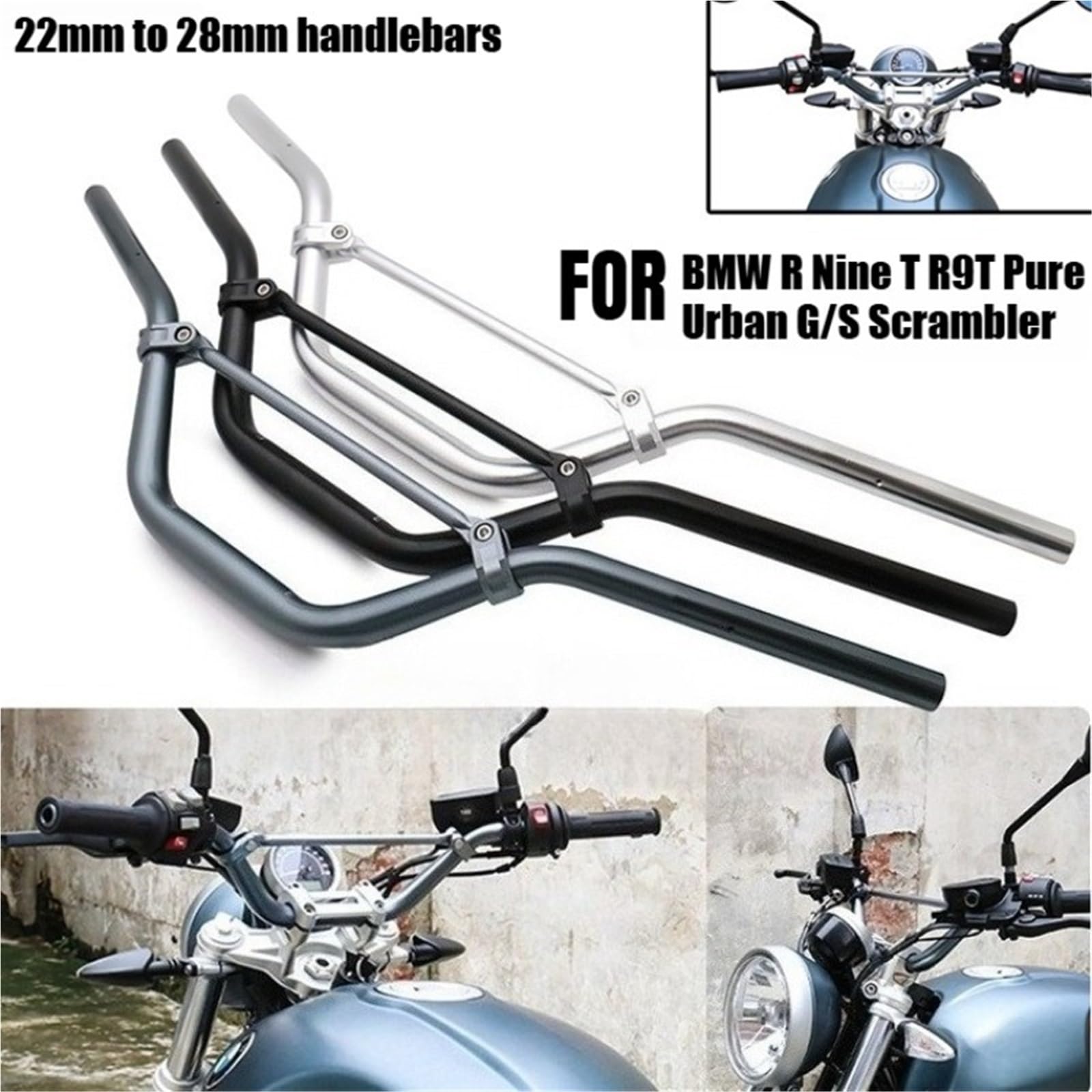 Motorcycle stem risers Motocykl 7/8 "22mm 28mm zmodyfikowana kierownica ze stopu aluminium pasuje do BMW R Nine T R9T NineT Pure Scrambler Urban G/S(Black)