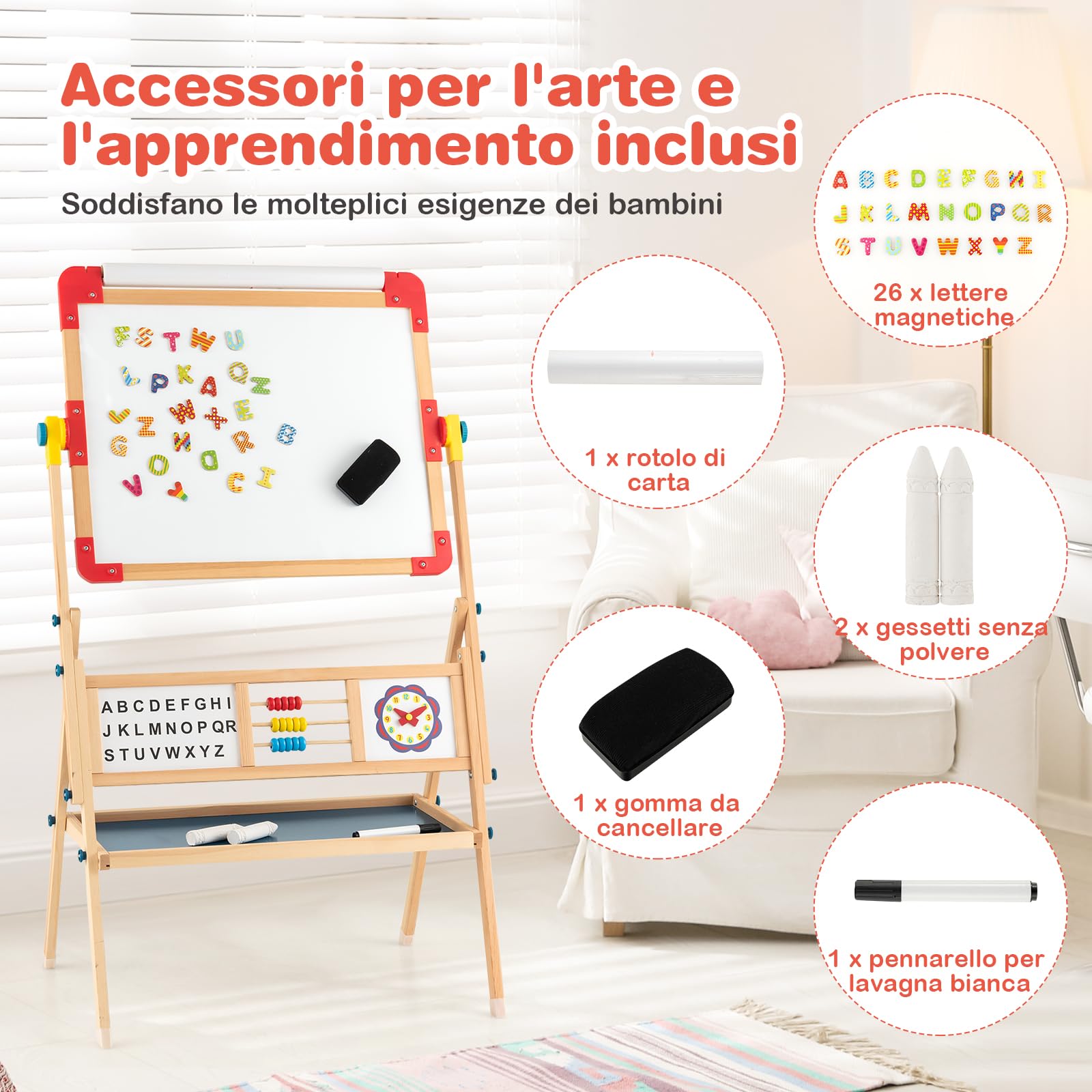 RELAX4LIFE Cavalletto d’Arte per Bambini, Cavalletto in Legno Bifacciale Regolabile con Lavagna Magnetica e Classica, Lettere Magnetiche, Lavagna da Disegno in Piedi per Bambini e Bambine