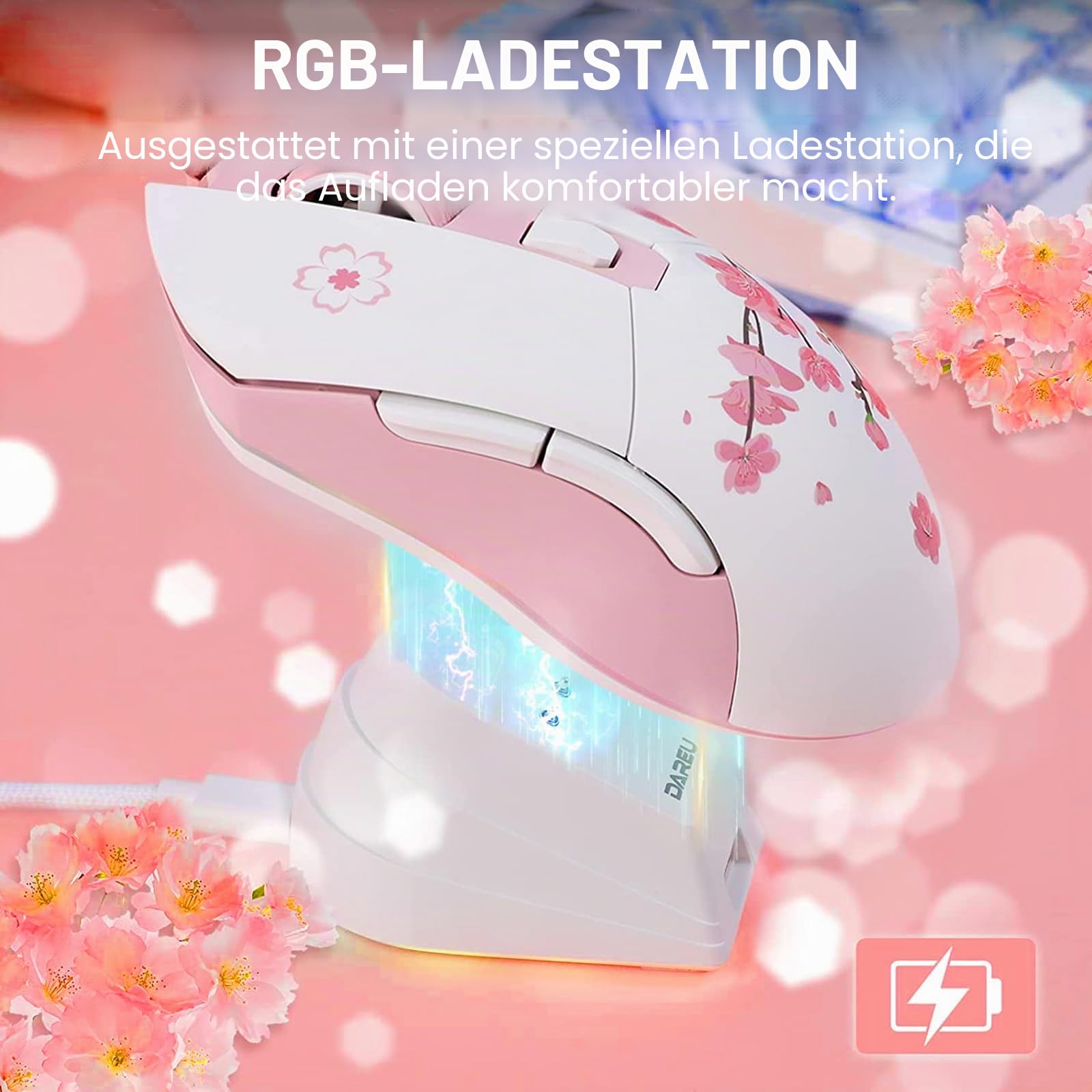 DAREU Sakura Pink Gaming Maus Kabellose mit Magnetic Charging Dock, 12K DPI, 6 Programmierbare Tasten, 300IPS 1000Hz