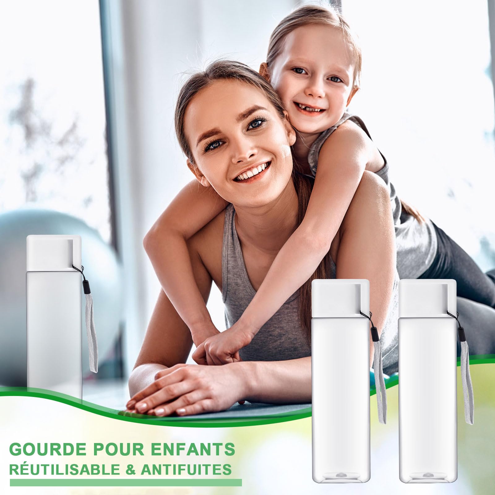 Lot de 20 Bouteilles d’Eau Carrées 500 ml, Gourdes Plastique Transparentes | Gourdes Réutilisables avec Dragonne pour École, Gym, Bureau, Sport, Personnalisation, EVJF et Événements