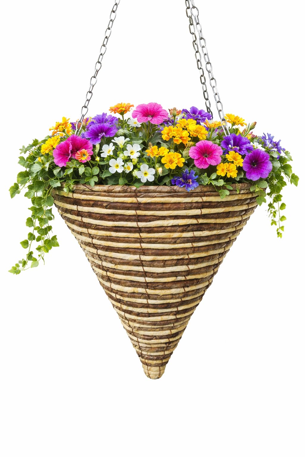 Garden Mile Single 14” Cone Rattan Hanging Basket – Outdoor Wicker Rope Planter With Liner & Rust Resistant Metal Chain – Decorative Flower Pot For Garden & Patio