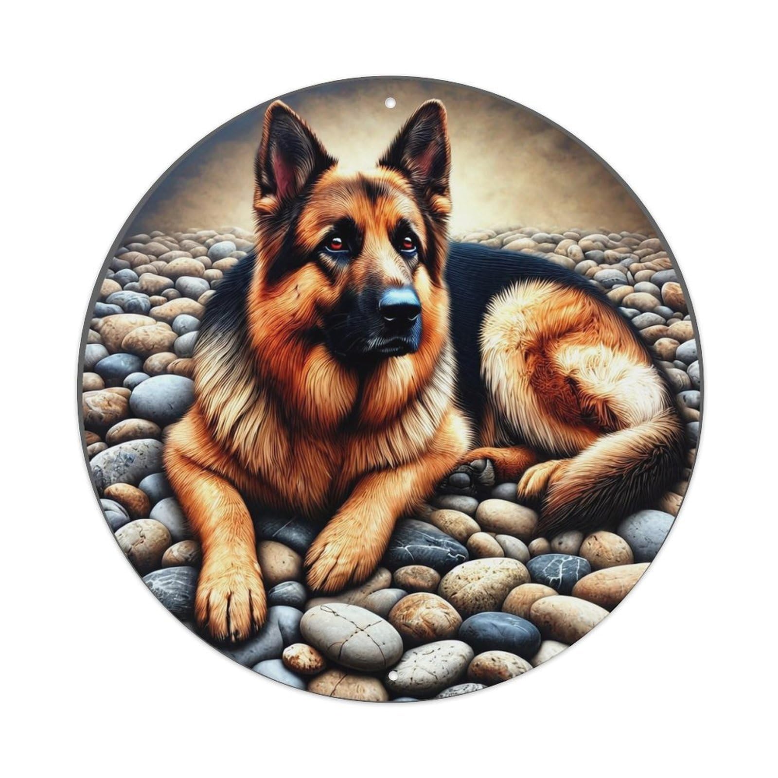 German Shepherd On Stones Vintage Metal Tin Sign Retro Wall Decor for Home Bar Garage Cafe, Indoor & Outdoor Decorative，circle Metal Poster, 8x8 Inch