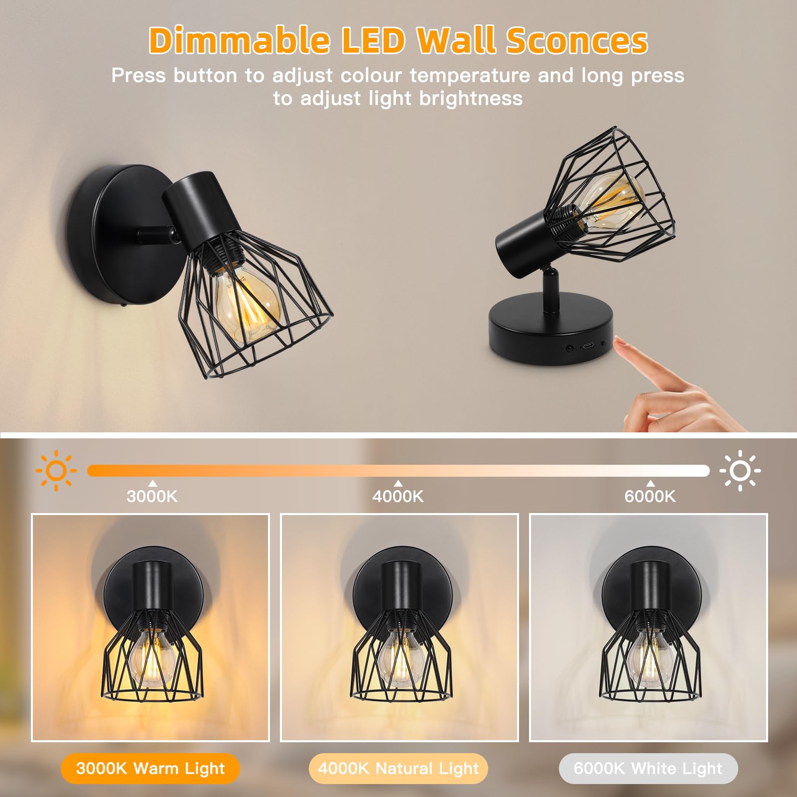 Aplique de Pared Interior a Pilas, Lampara de Pared LED Sin Cables, Apliques Dormitorio con Luz Regulable Bombilla con 3 Temperaturas de Color, Mando para Salón, Pasillo-2 Piezas