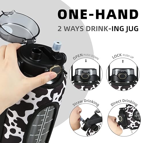 Miniatura 8 de chunmo Botella de agua de vidrio de medio galón de 64 onzas con popote y funda de almacenamiento, botella de agua motivacional con correa y tiempo