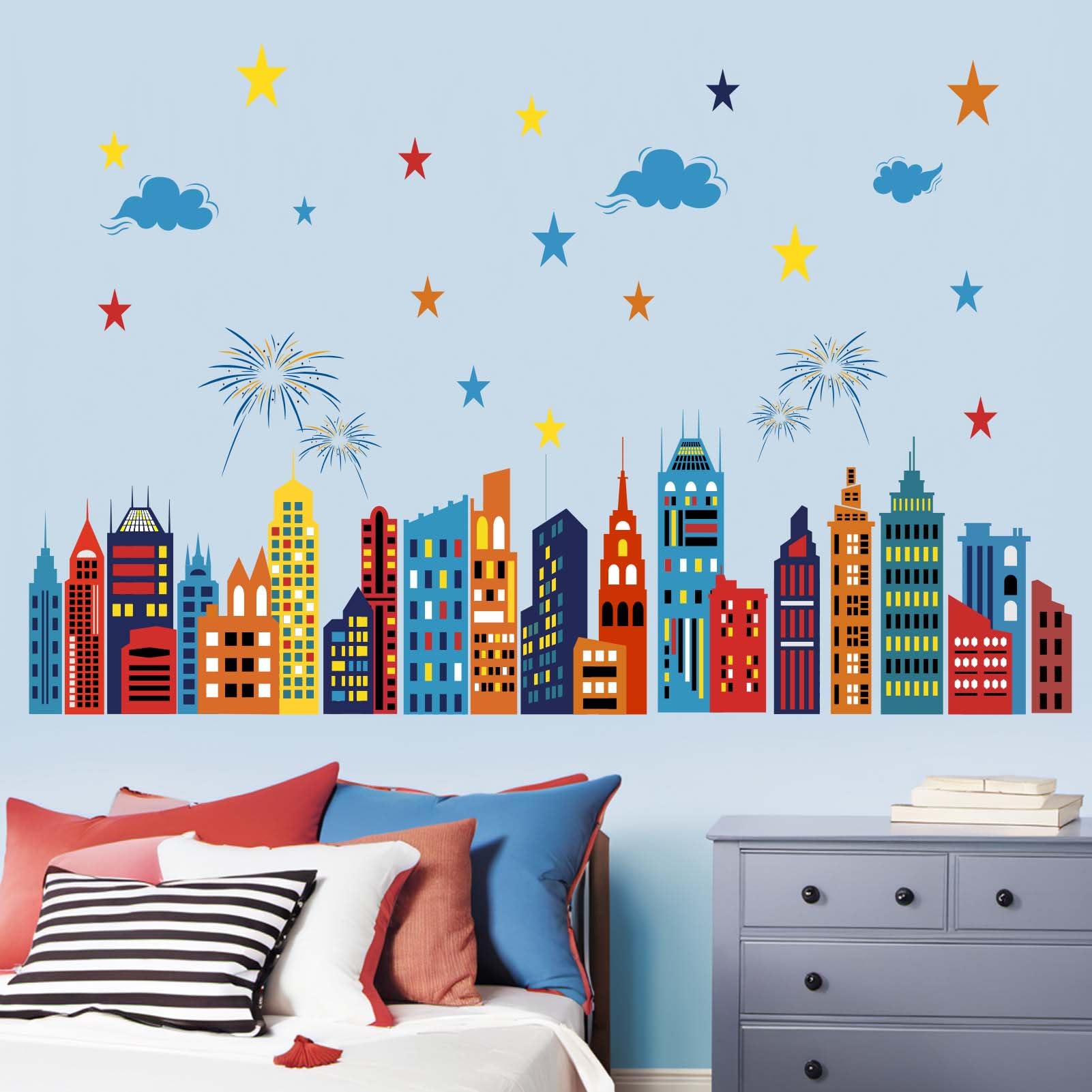 City Wall Stickers for Boys Room: Peel and Stick Colorful Hero Skyline Building Stars Cityscape Wall Decals - Image 3