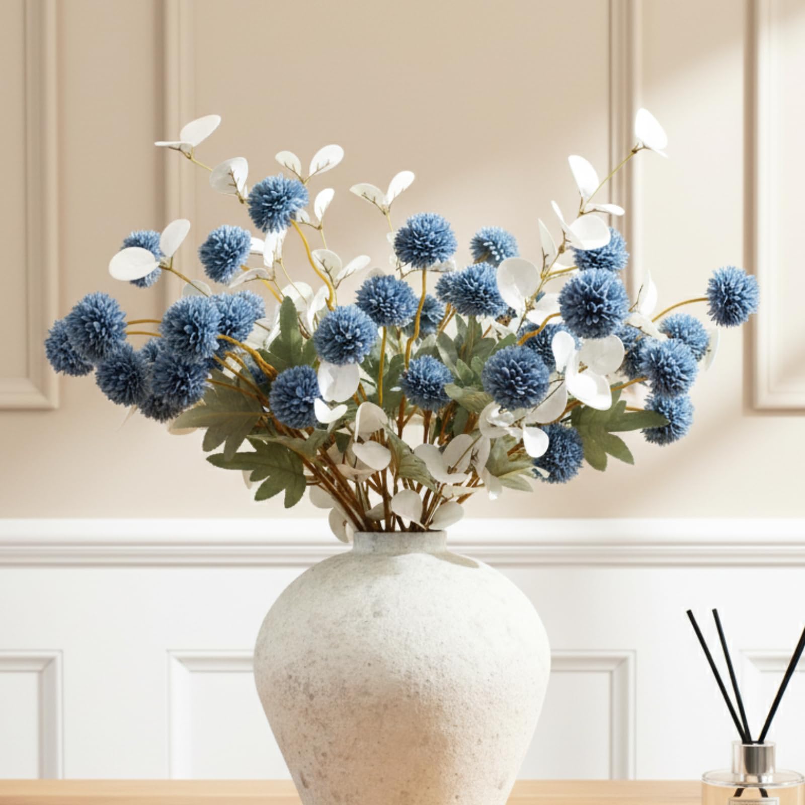 RyddeligHome Faux Dusty Blue Flowers Blue and White Floral Stems