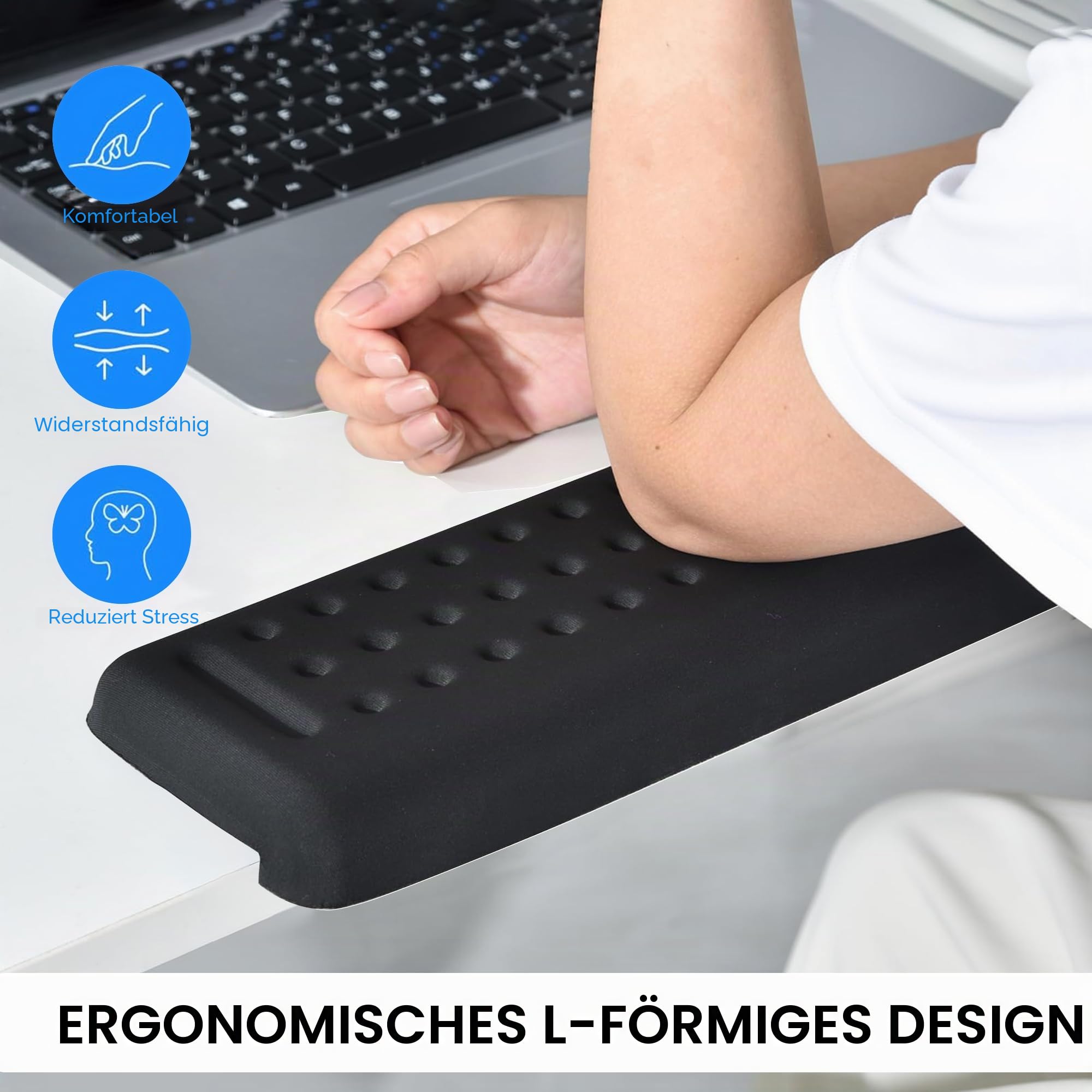 Handballenauflage Tastatur & maus L-förmige Armauflage Schreibtisch 30x10cm | Ergonomische Handgelenkauflage Memory-Schaum, Rutschfeste Schreibtischunterlage mit Kantenschutz für Unterarm & Ellbogen