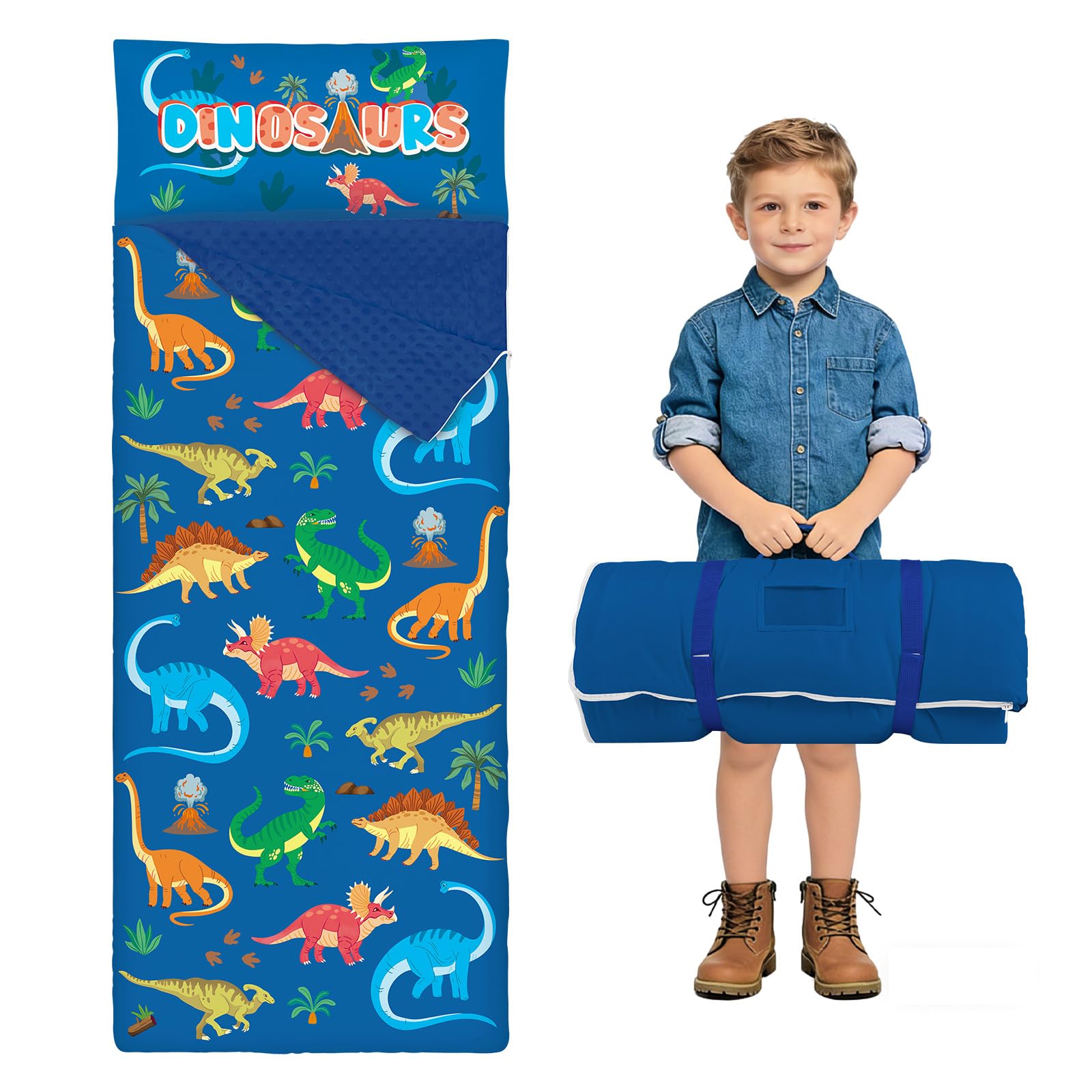 Sacco a Pelo per Bambini con Cuscino e Doppia Cerniera, 150x60 cm Nap Mat per Bambini, Ideale per Casa, Asilo, Scuola Materna e Campeggio