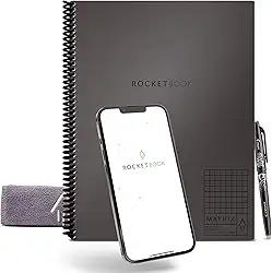 Rocketbook Caderno gráfico reutilizável Matrix Smart | Caderno isométrico ecologicamente correto, conectado digitalmente | Cinza espaço profundo, tamanho carta (21,5 x 28 cm) com caneta, pano e aplicativo incluídos