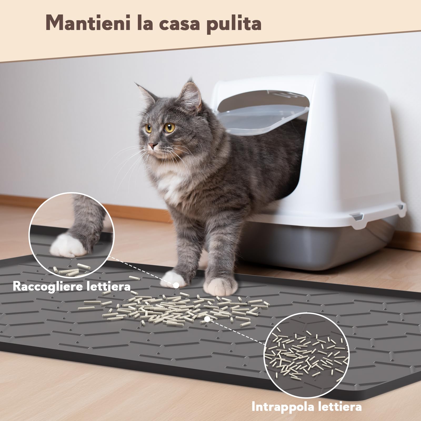 Garoopion Tappetino Lettiera Gatto, 86x56 cm Taglia Grande Tappeto Lettiera Gatto, Silicone Impermeabile Facile da Pulire, Nero